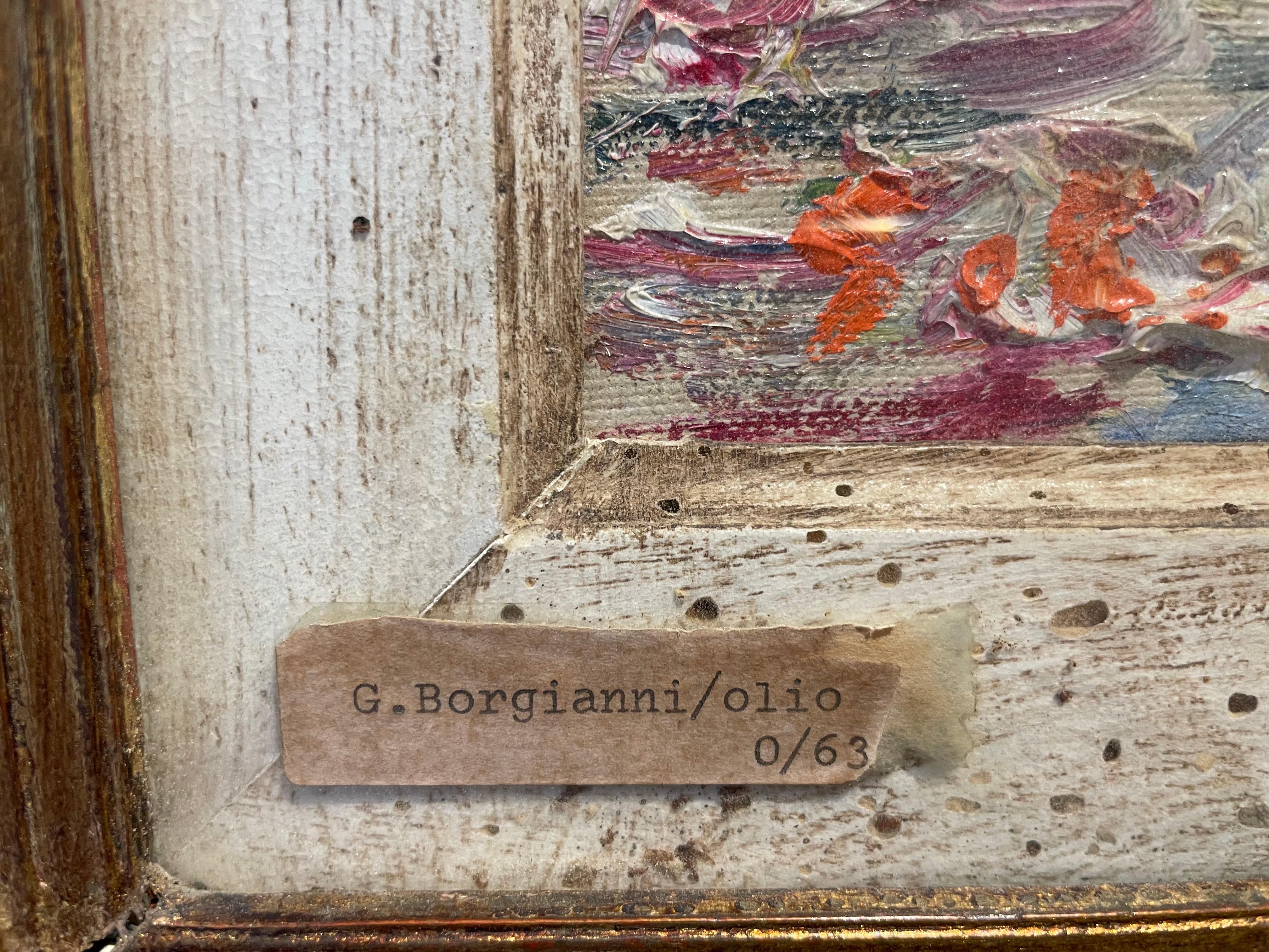 View of Florence with part of medieval walls and river Arno. Guido Borgianni. - Brown Landscape Painting by Guido Borgianni 