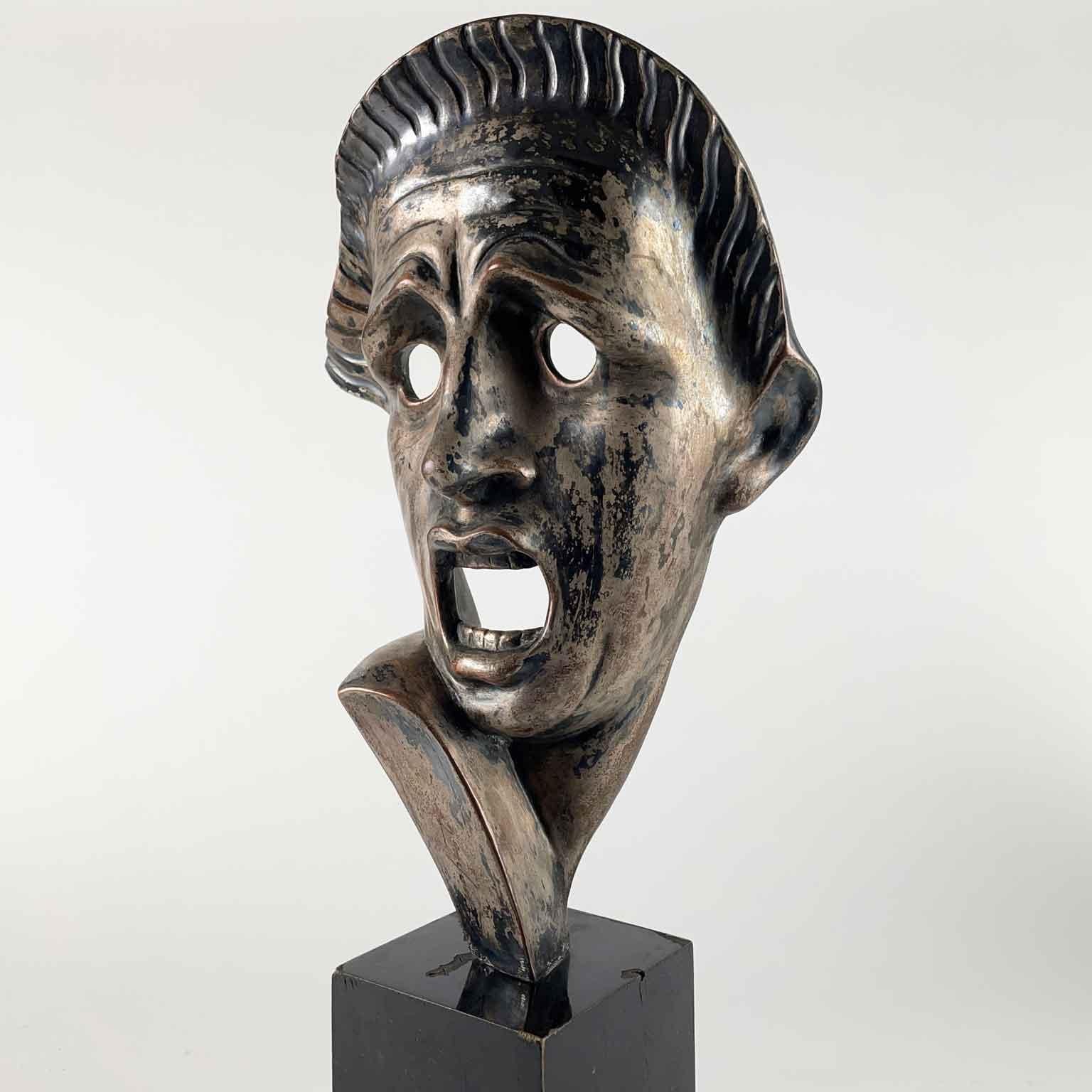 Art Deco Tragic Mask in Silver-plated Ceramic by Guido Cacciapuoti 1930s For Sale 1