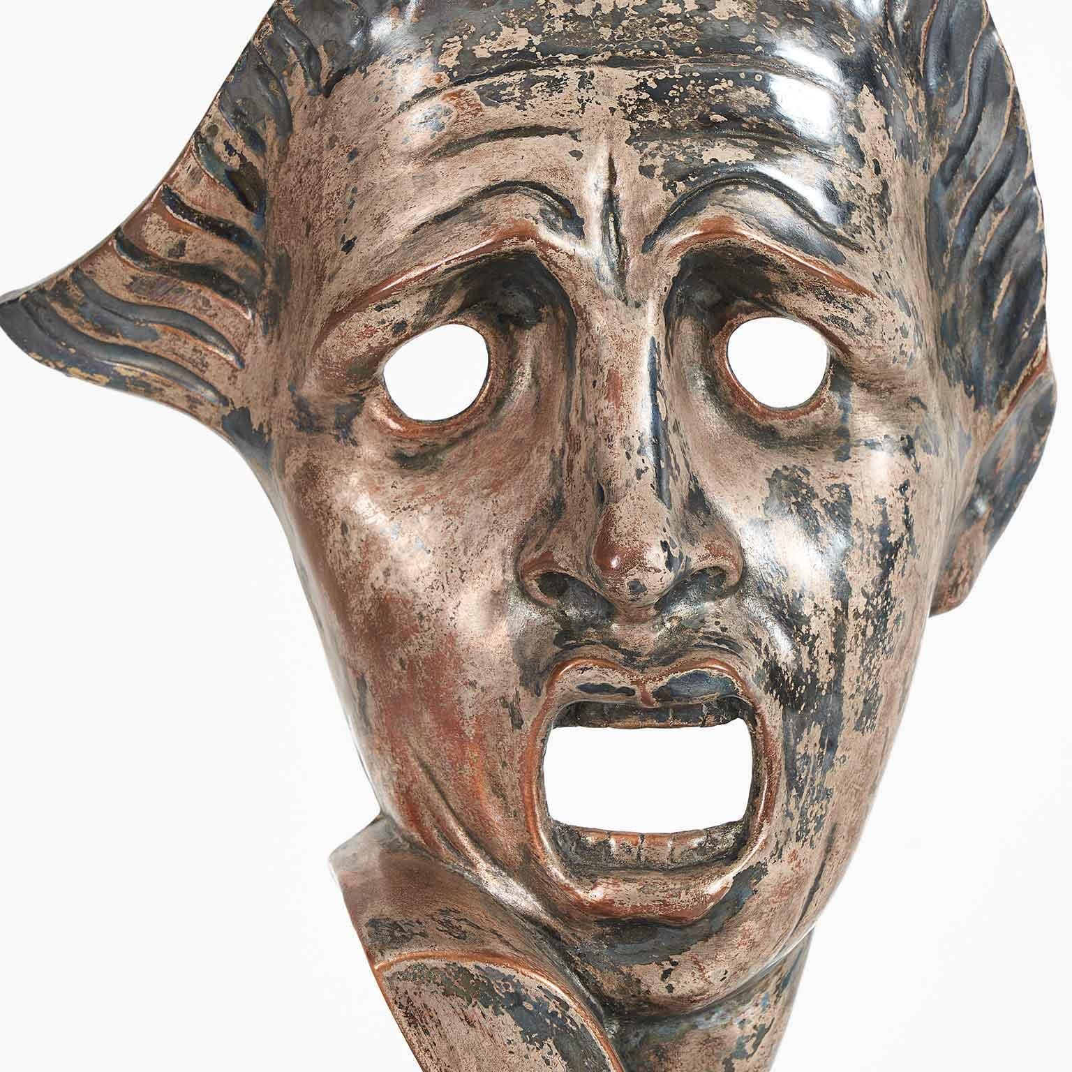 Art Deco Tragic Mask in Silver-plated Ceramic by Guido Cacciapuoti 1930s For Sale 2