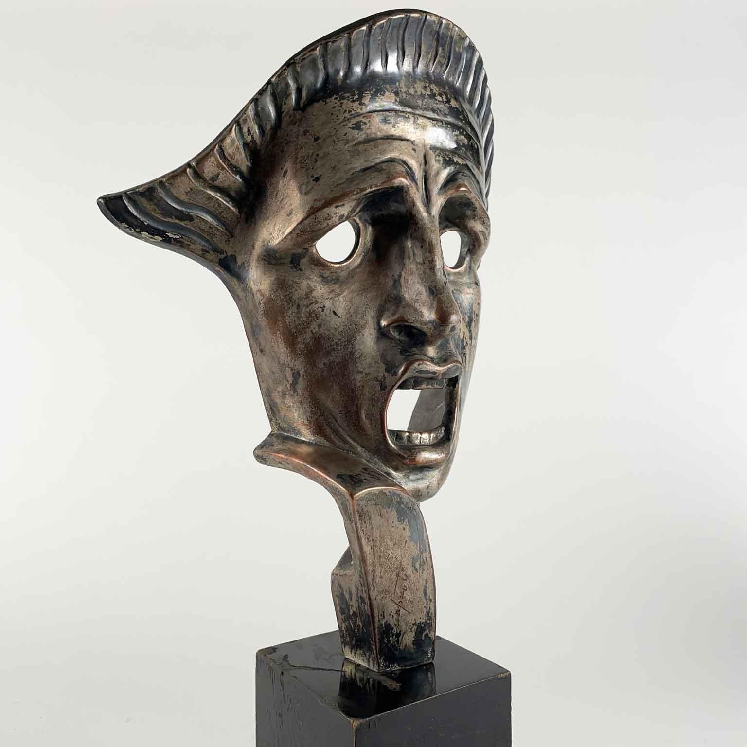 Art Deco Tragic Mask in Silver-plated Ceramic by Guido Cacciapuoti 1930s For Sale 4