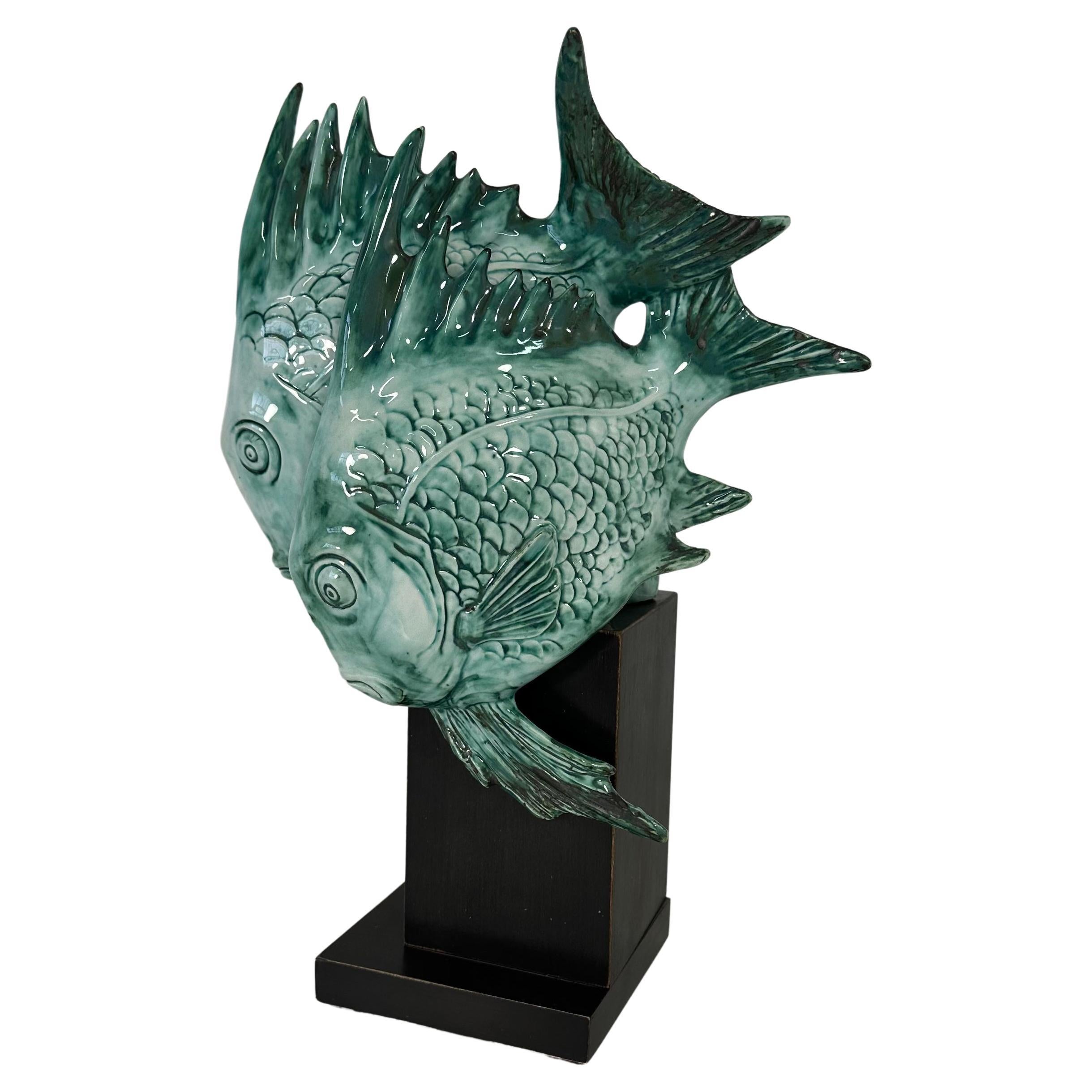 Guido Cacciapuoti Art Déco, poissons bleu clair en porcelaine et bois ébénisé, années 1930 en vente