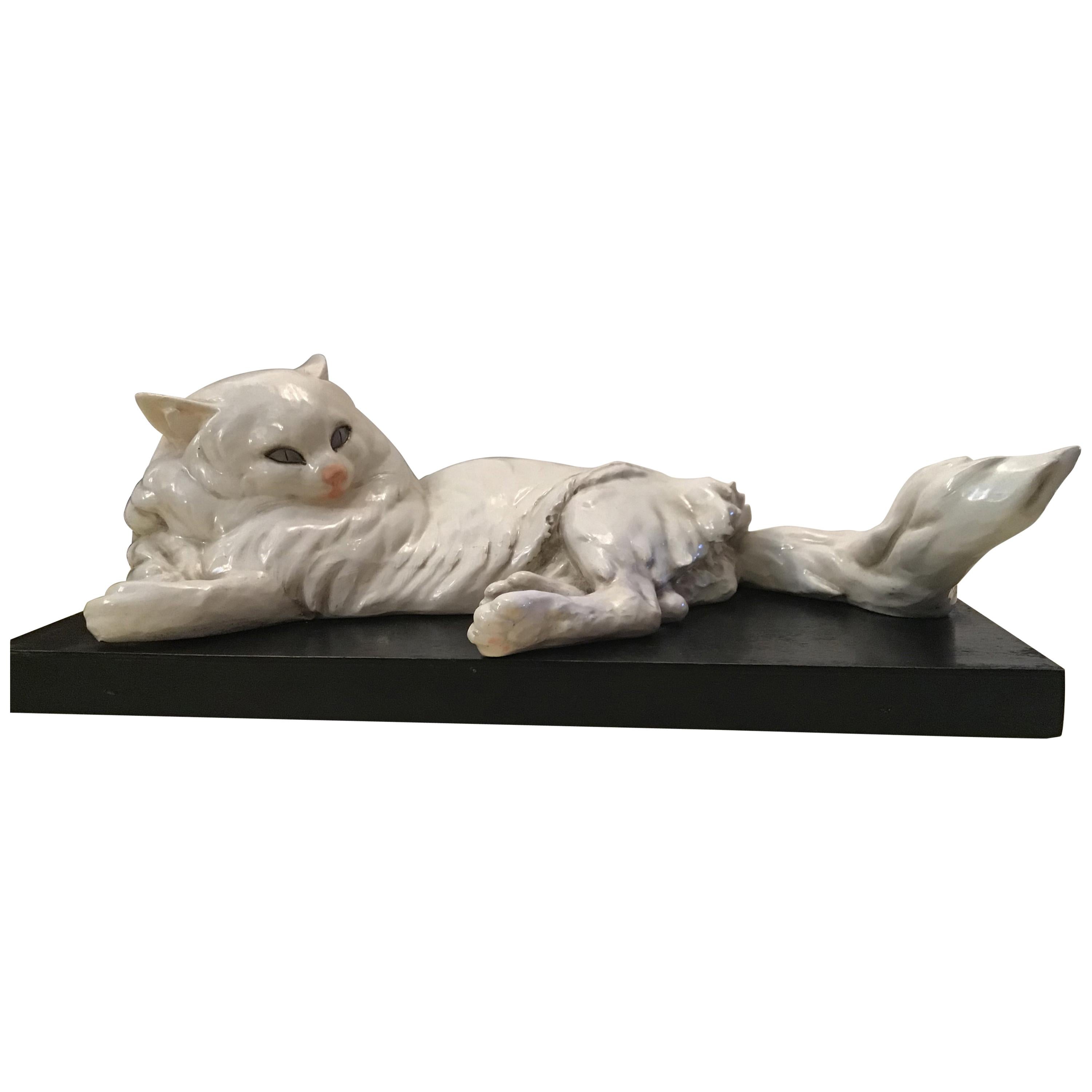 Guido Cacciapuoti Ceramic Cat Base  Black Lacquered Wood, 1940