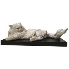 Guido Cacciapuoti Ceramic Cat Base  Black Lacquered Wood, 1940