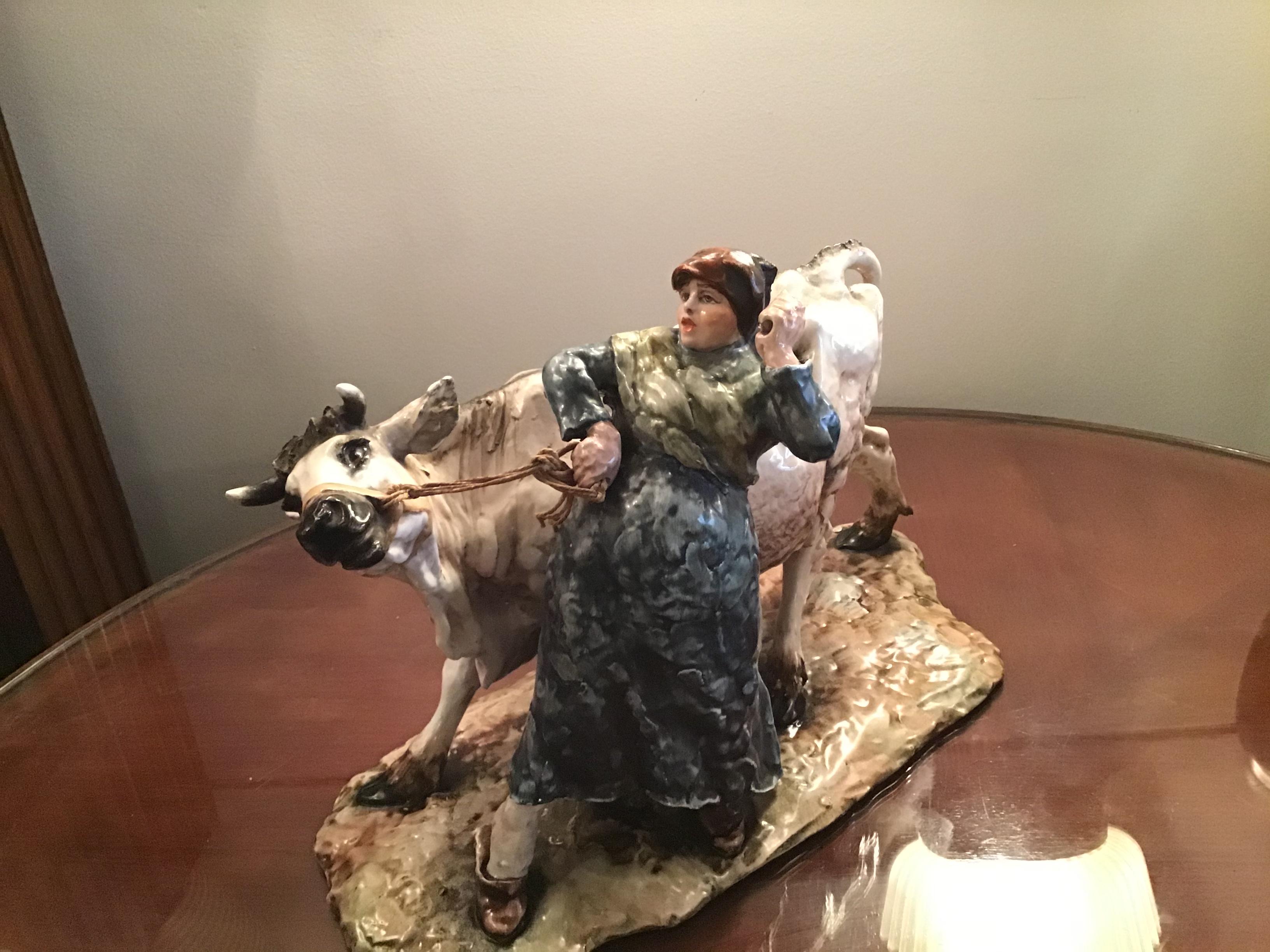 Guido Cacciapuoti “Cow with Peasant Woman” Ceramic, 1940, Italy 7