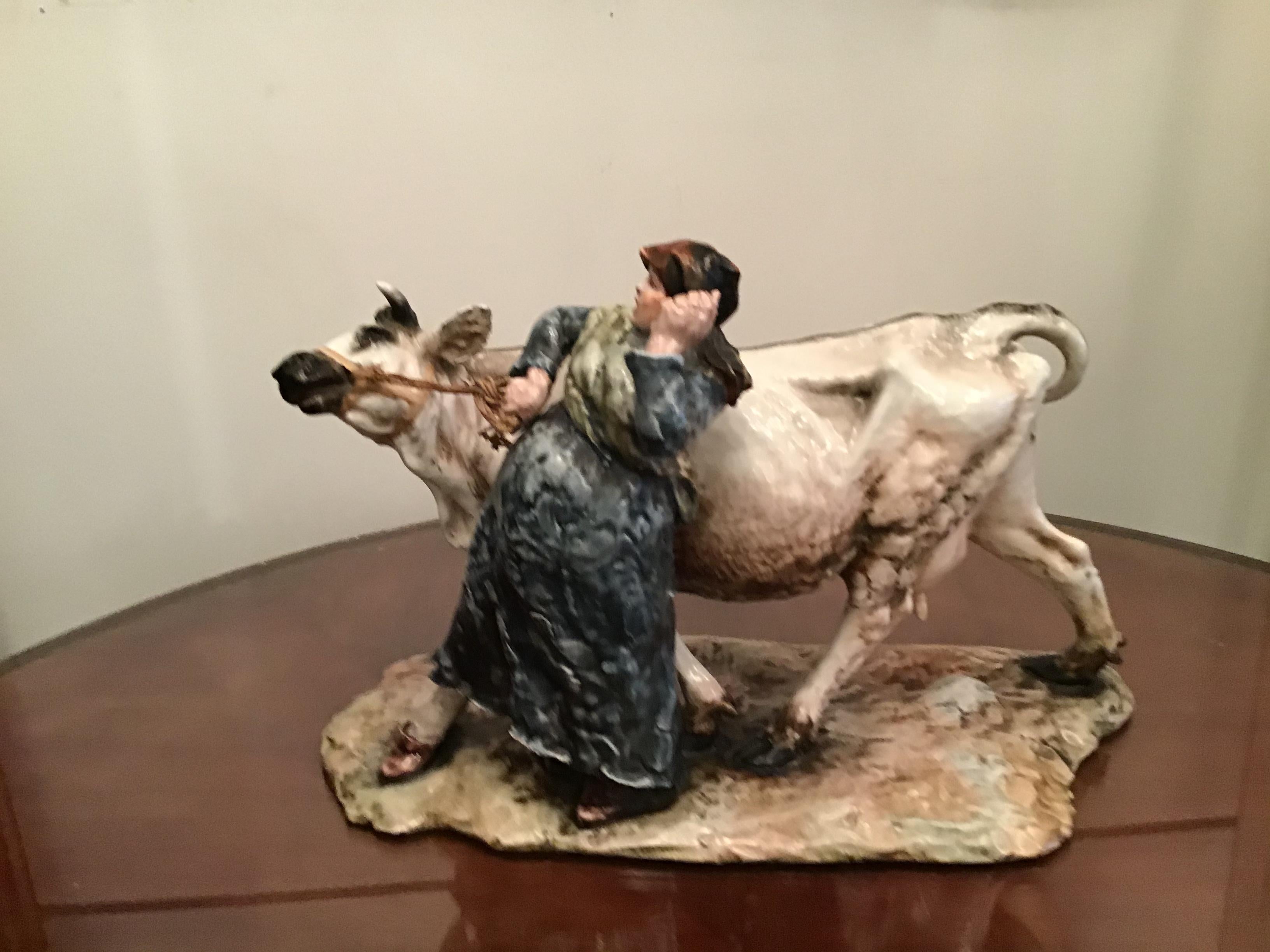 Other Guido Cacciapuoti “Cow with Peasant Woman” Ceramic, 1940, Italy