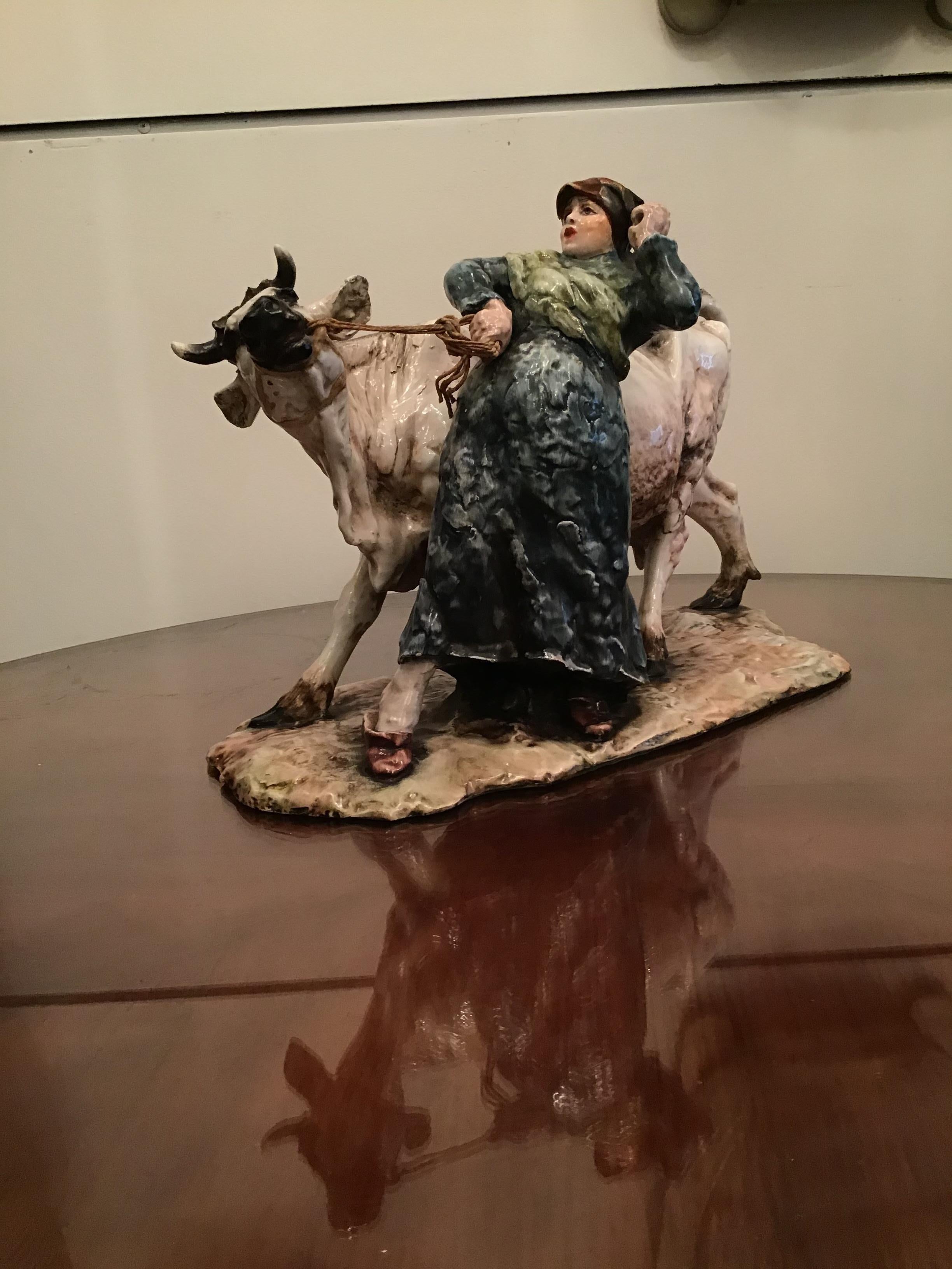 Italian Guido Cacciapuoti “Cow with Peasant Woman” Ceramic, 1940, Italy