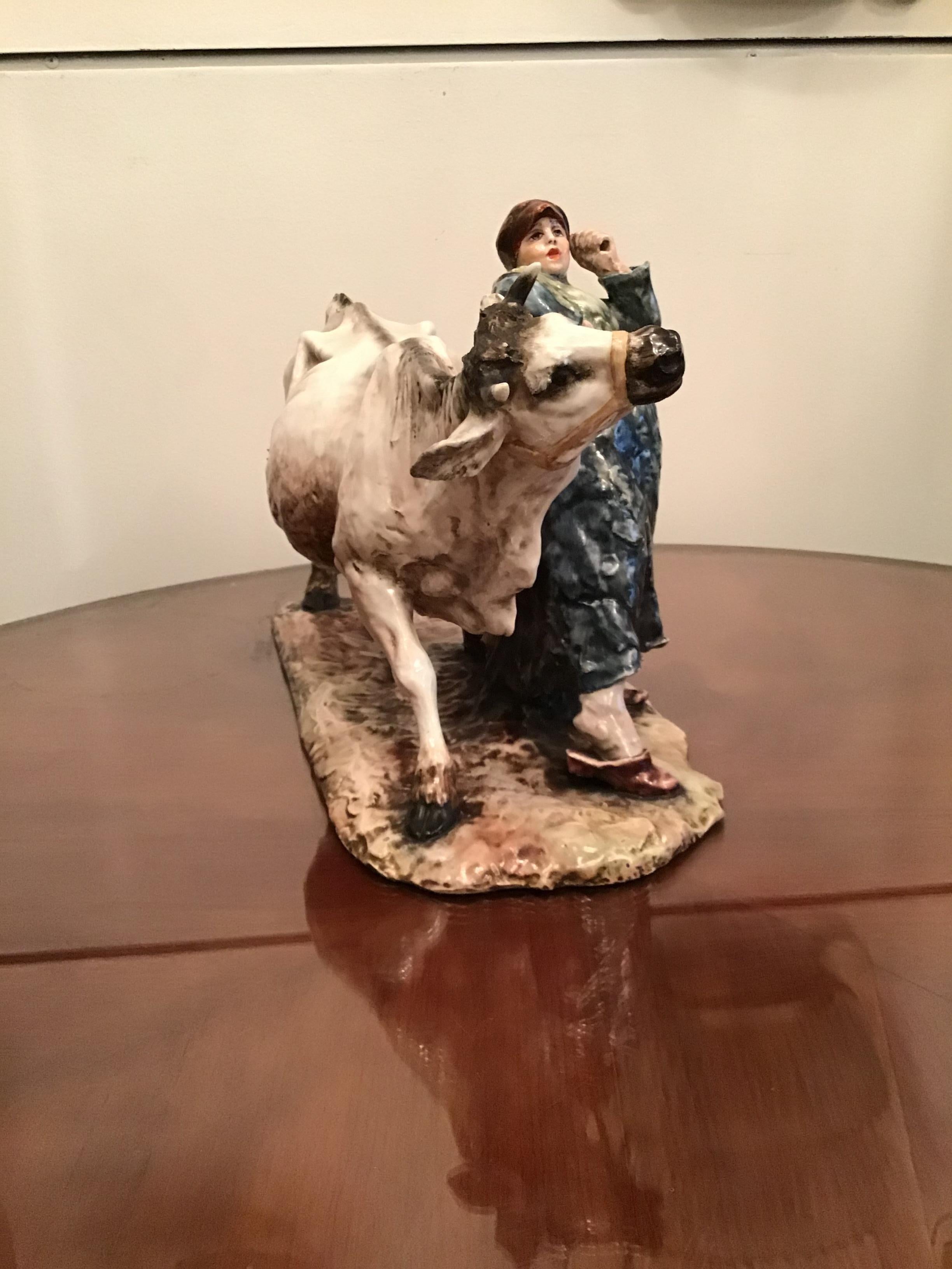 Guido Cacciapuoti “Cow with Peasant Woman” Ceramic, 1940, Italy In Excellent Condition In Milano, IT