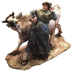 Guido Cacciapuoti “Cow with Peasant Woman” Ceramic, 1940, Italy