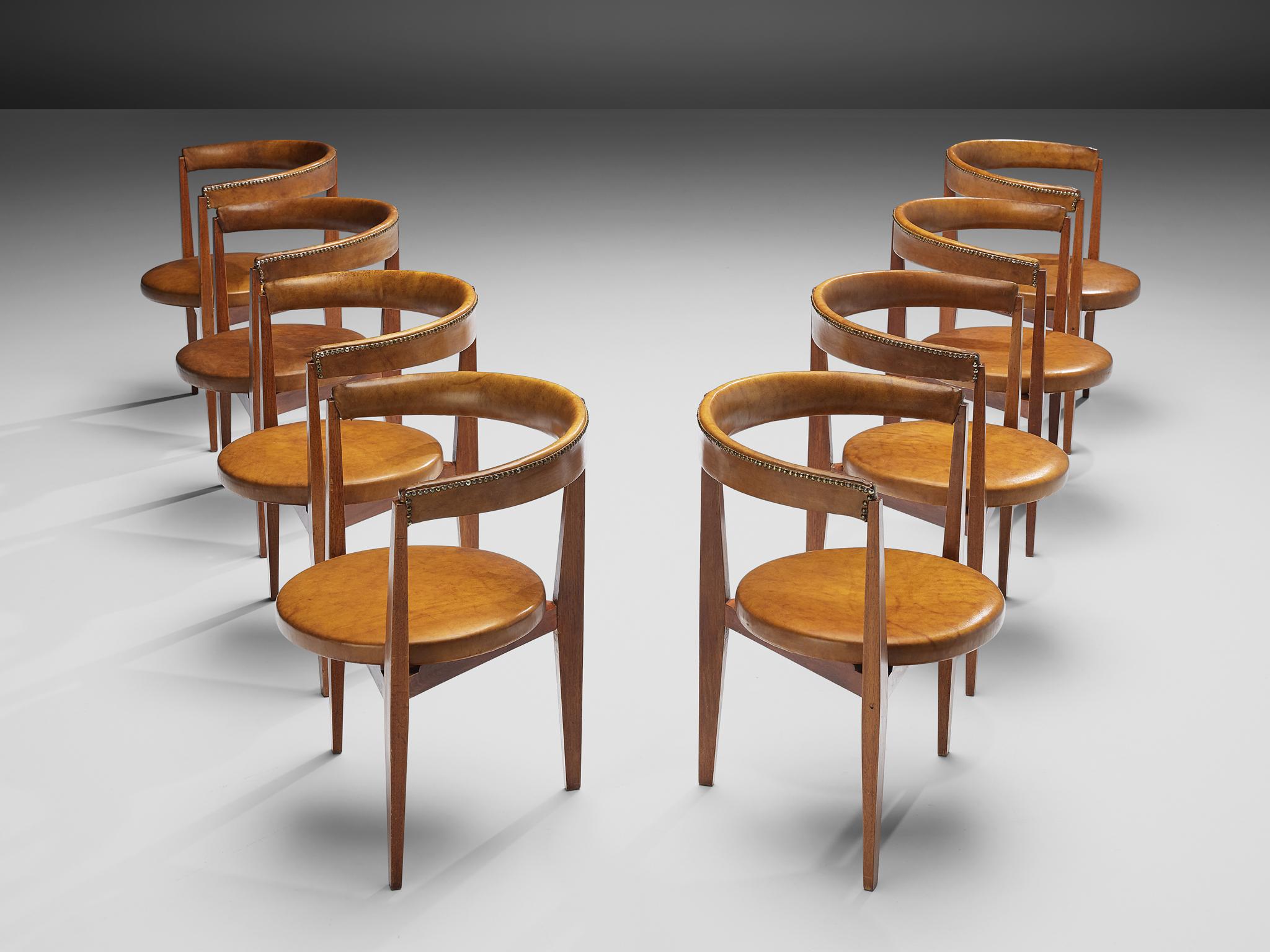 Mid-20th Century Guido Canali Set of Eight Rare Dining Chairs in Walnut and Cognac Leather  For Sale