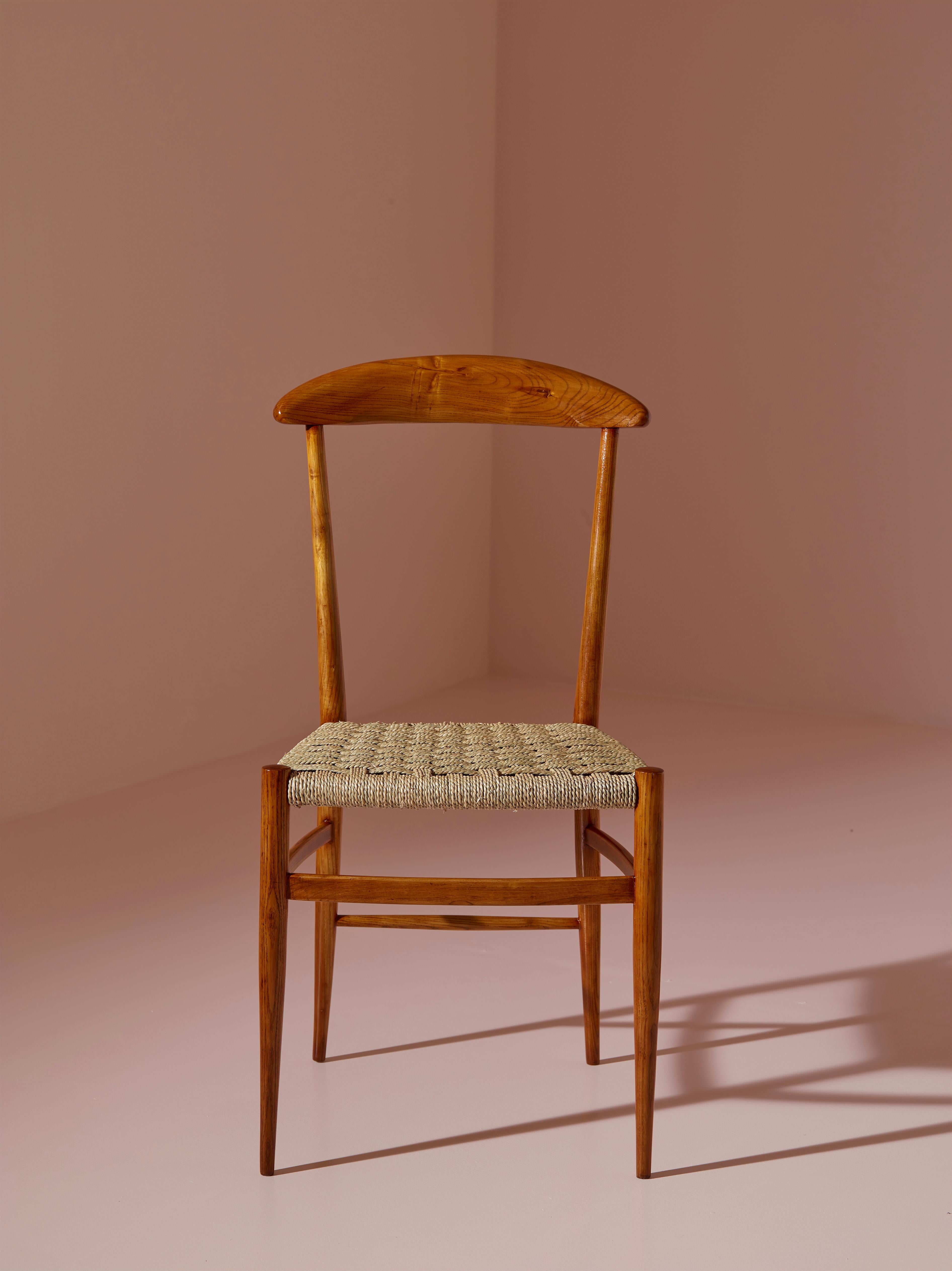 Italian Guido Chiappe set of 8 dining chairs made of beech and rope, Chiavari, 1950s For Sale