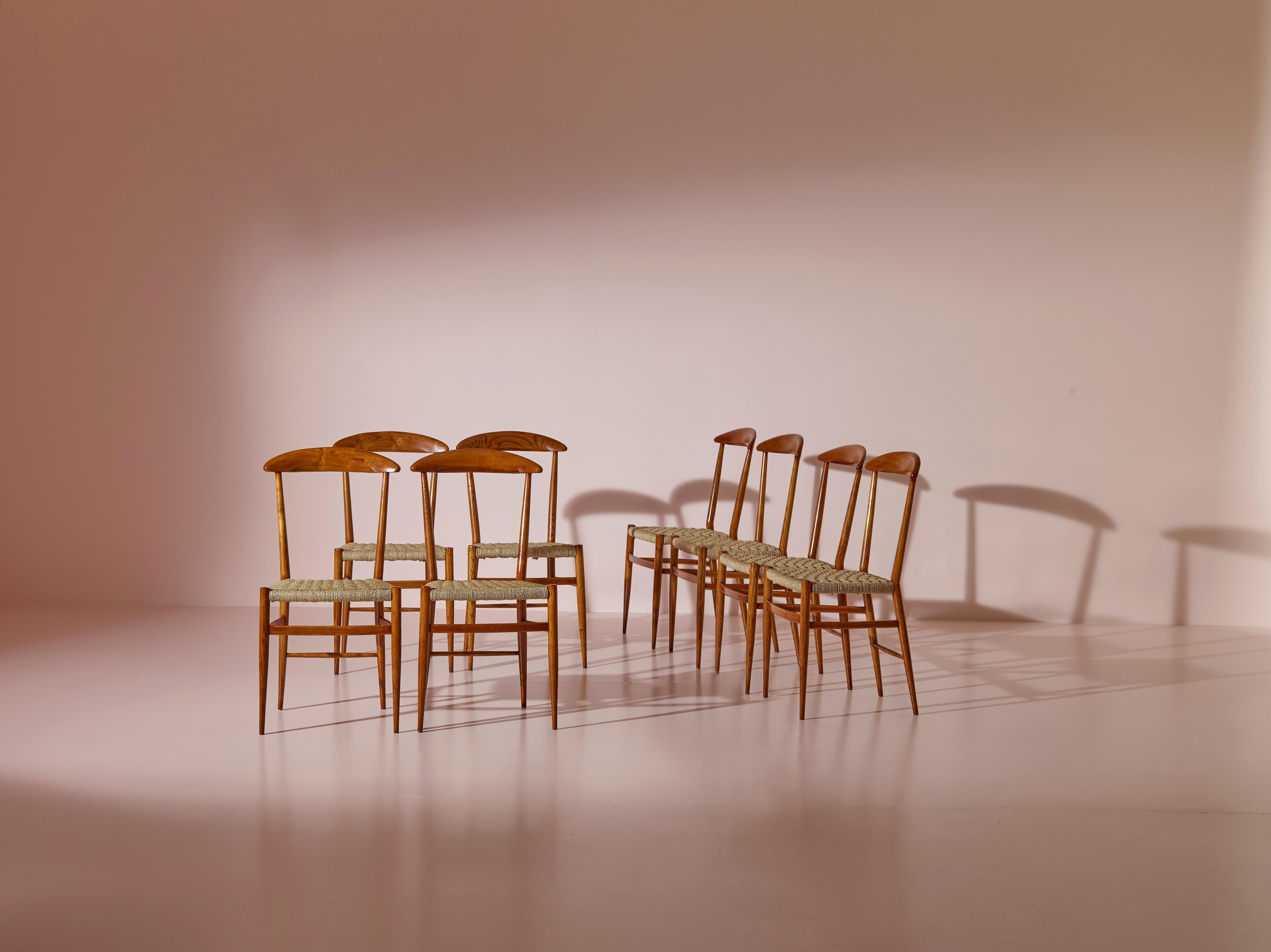Guido Beeche, ensemble de 8 chaises de salle à manger en hêtre et corde, Chiavari, années 1950 en vente 1