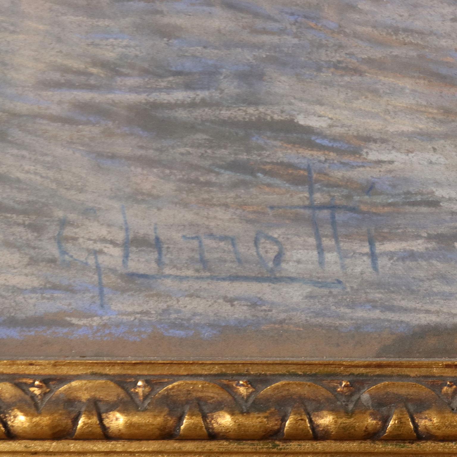 Pastels sur papier appliqués sur toile. Signé en bas à gauche.
Le grand paysage est entièrement dominé par le jeu des couleurs : divisé en deux demi-champs donnés par le ciel et la mer  de la terre  (une lande de montagne où poussent sporadiquement