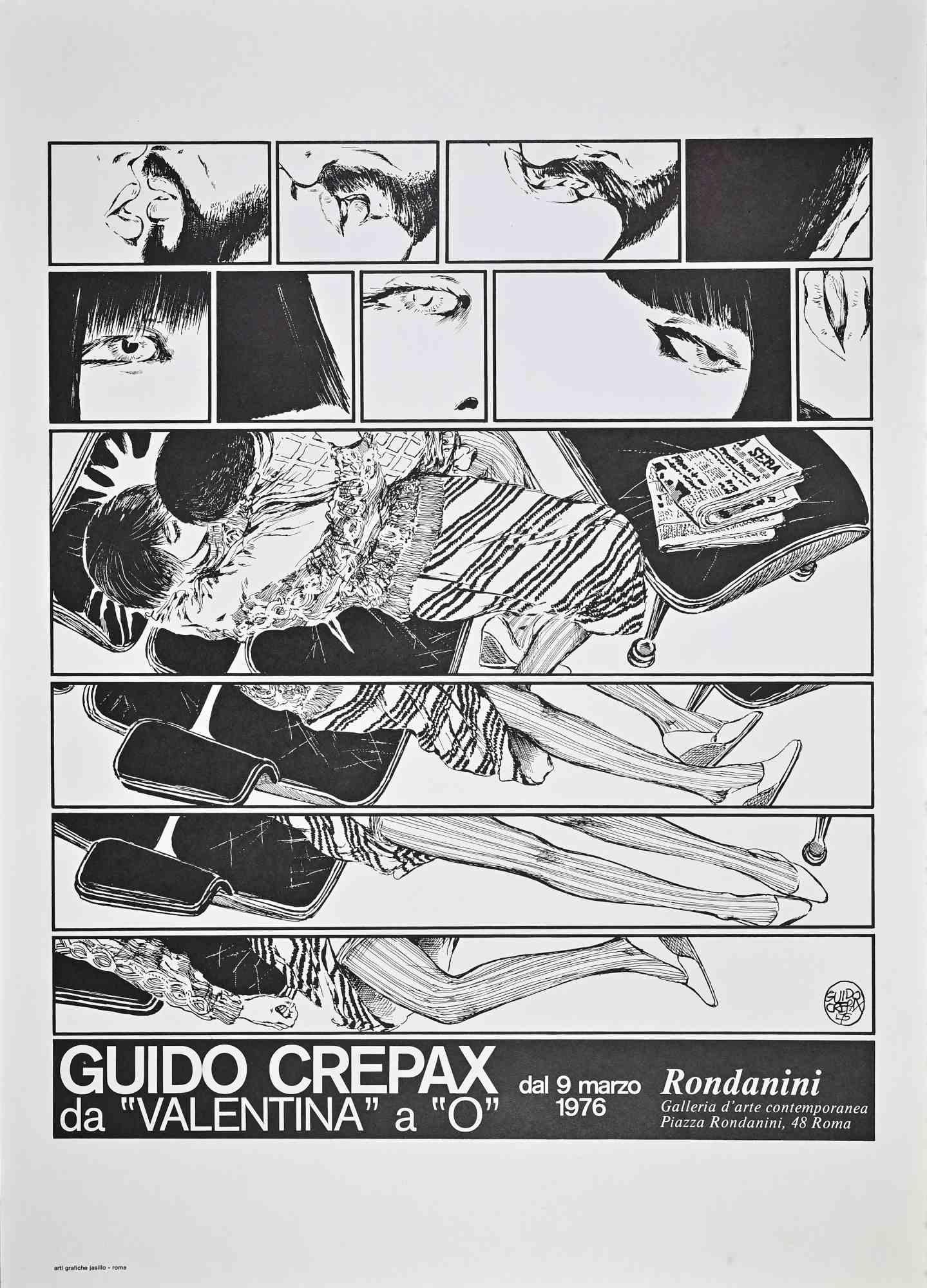 Impression offset vintage, de "Valentina" à "O", dans une affiche vintage réalisée en 1976 d'après Guido Crepax, à l'occasion de son exposition à la Galleria Rondanini, Rome. 

Très bon état.