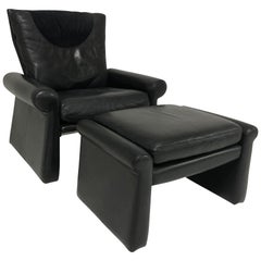 Guido Faleschini Black Leather a Lounge Chair and Ottoman, Italy 1970 Pace