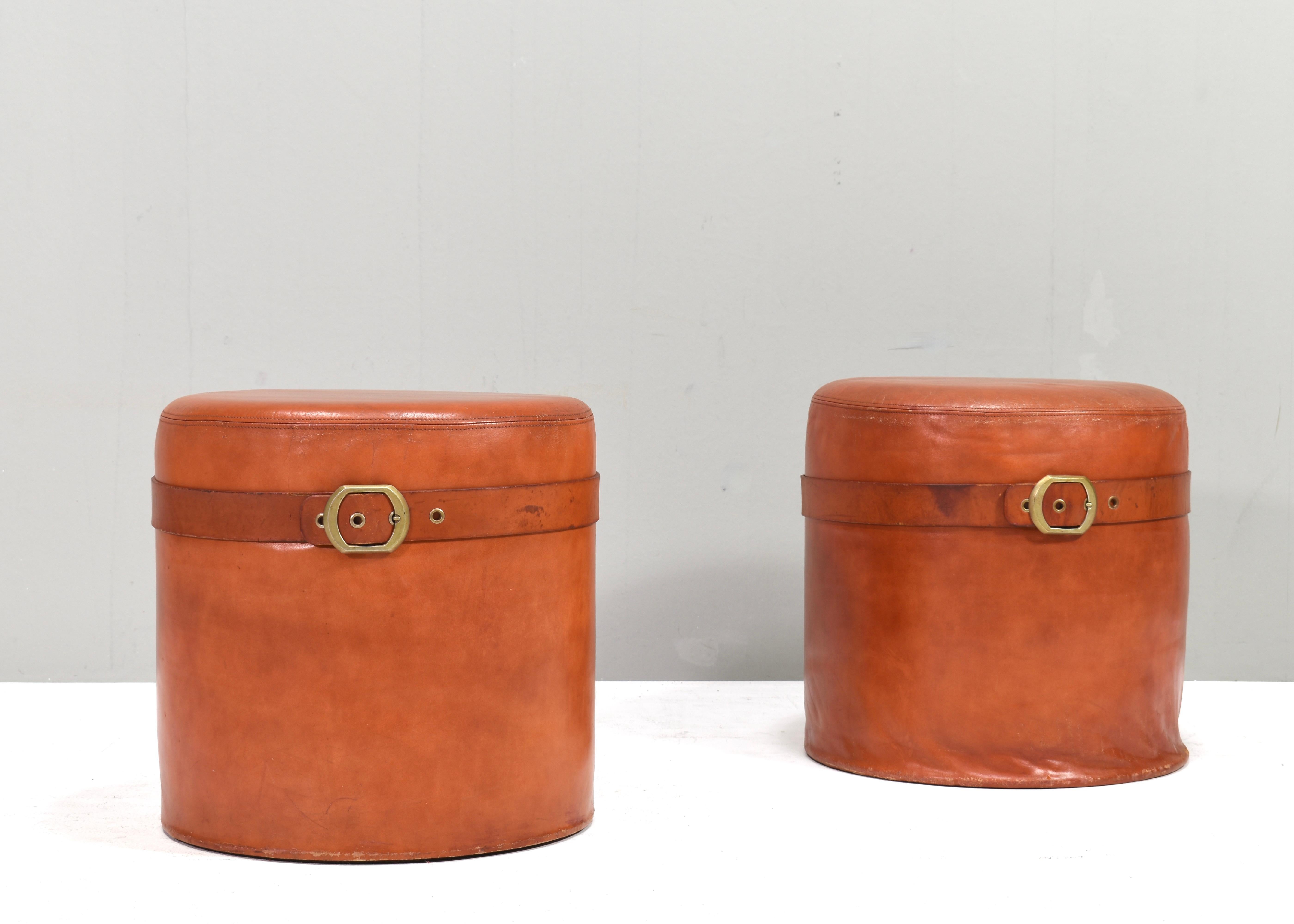 Guido Faleschini cognac leather Pouf by i4 Mariani and Hermès, Italy – 1970s For Sale 6