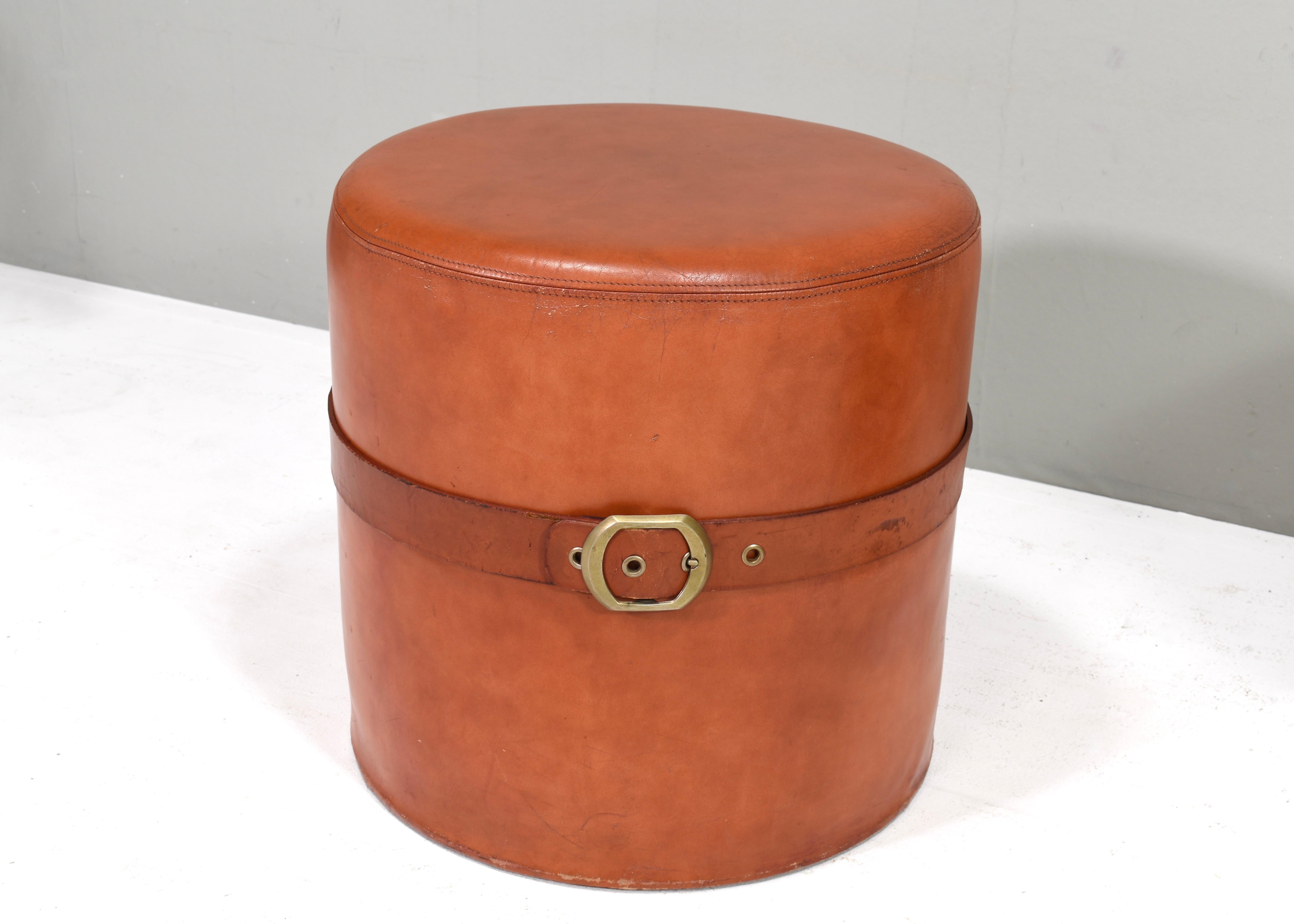 Italian Guido Faleschini cognac leather Pouf by i4 Mariani and Hermès, Italy – 1970s For Sale