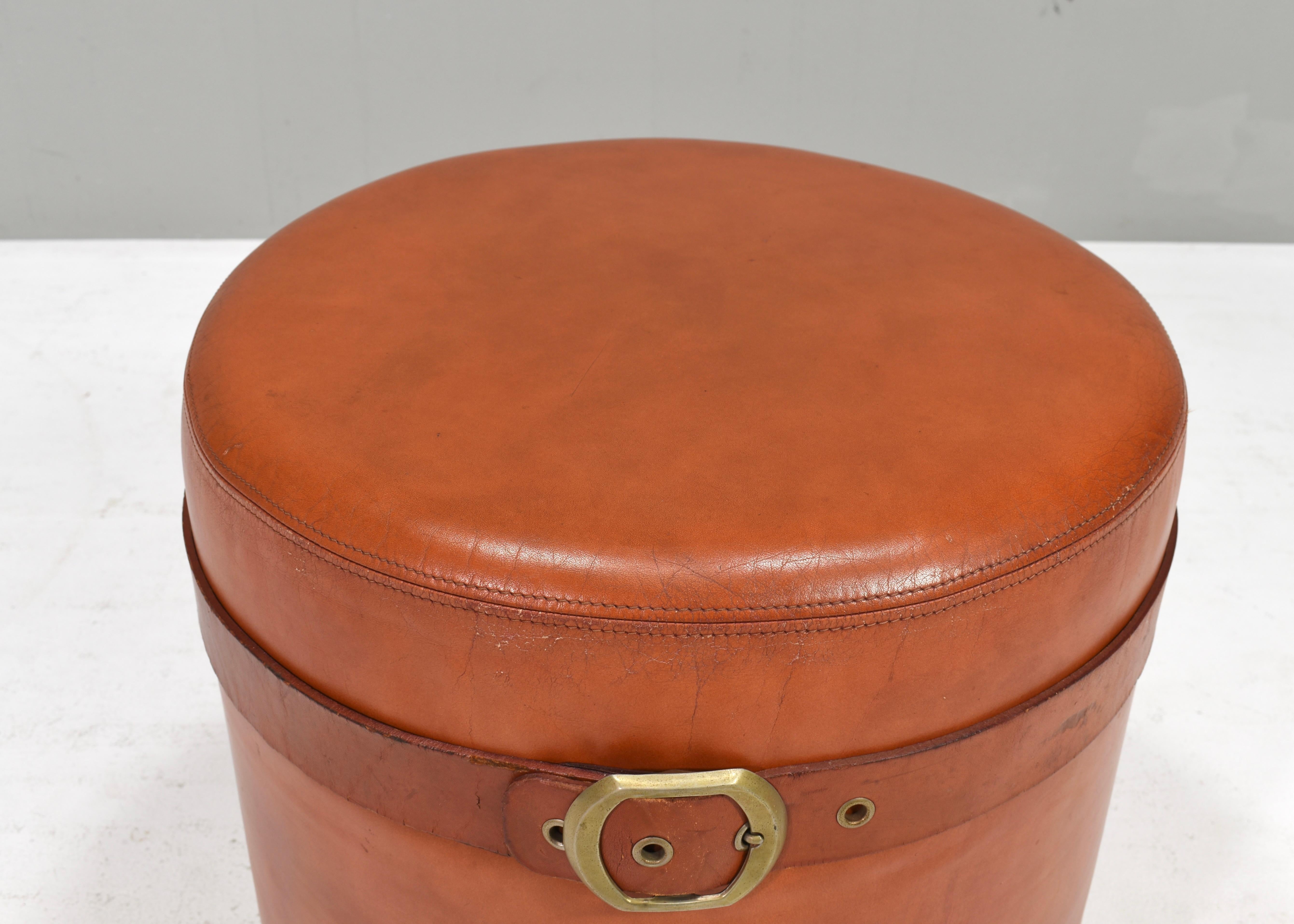 Metal Guido Faleschini cognac leather Pouf by i4 Mariani and Hermès, Italy – 1970s For Sale