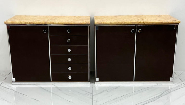 Mid-Century Modern Guido Faleschini for Mariani Leather and Suede Wrapped Marble Topped Cabinets For Sale
