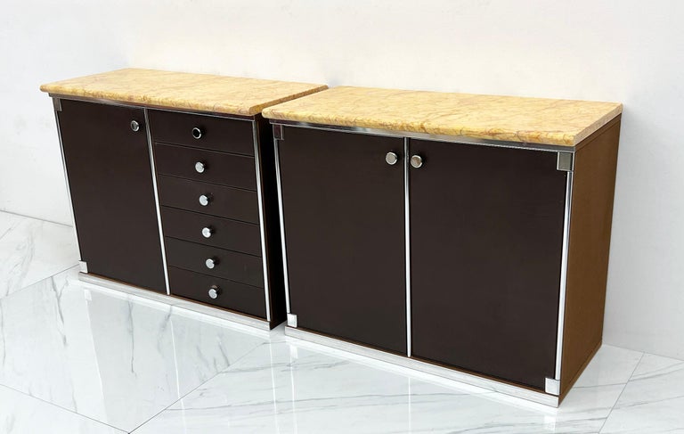 Italian Guido Faleschini for Mariani Leather and Suede Wrapped Marble Topped Cabinets For Sale