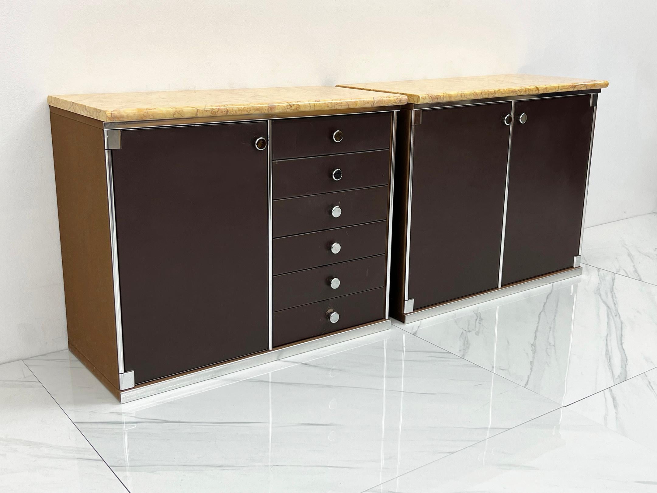 Guido Faleschini for Mariani Leather and Suede Wrapped Marble Topped Cabinets In Good Condition For Sale In Culver City, CA