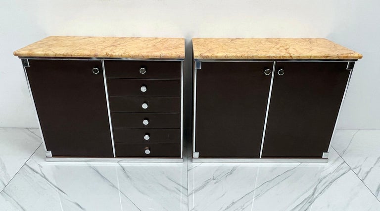Mid-20th Century Guido Faleschini for Mariani Leather and Suede Wrapped Marble Topped Cabinets For Sale