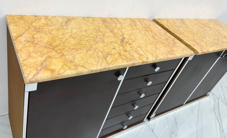 Guido Faleschini for Mariani Leather and Suede Wrapped Marble Topped Cabinets For Sale 1