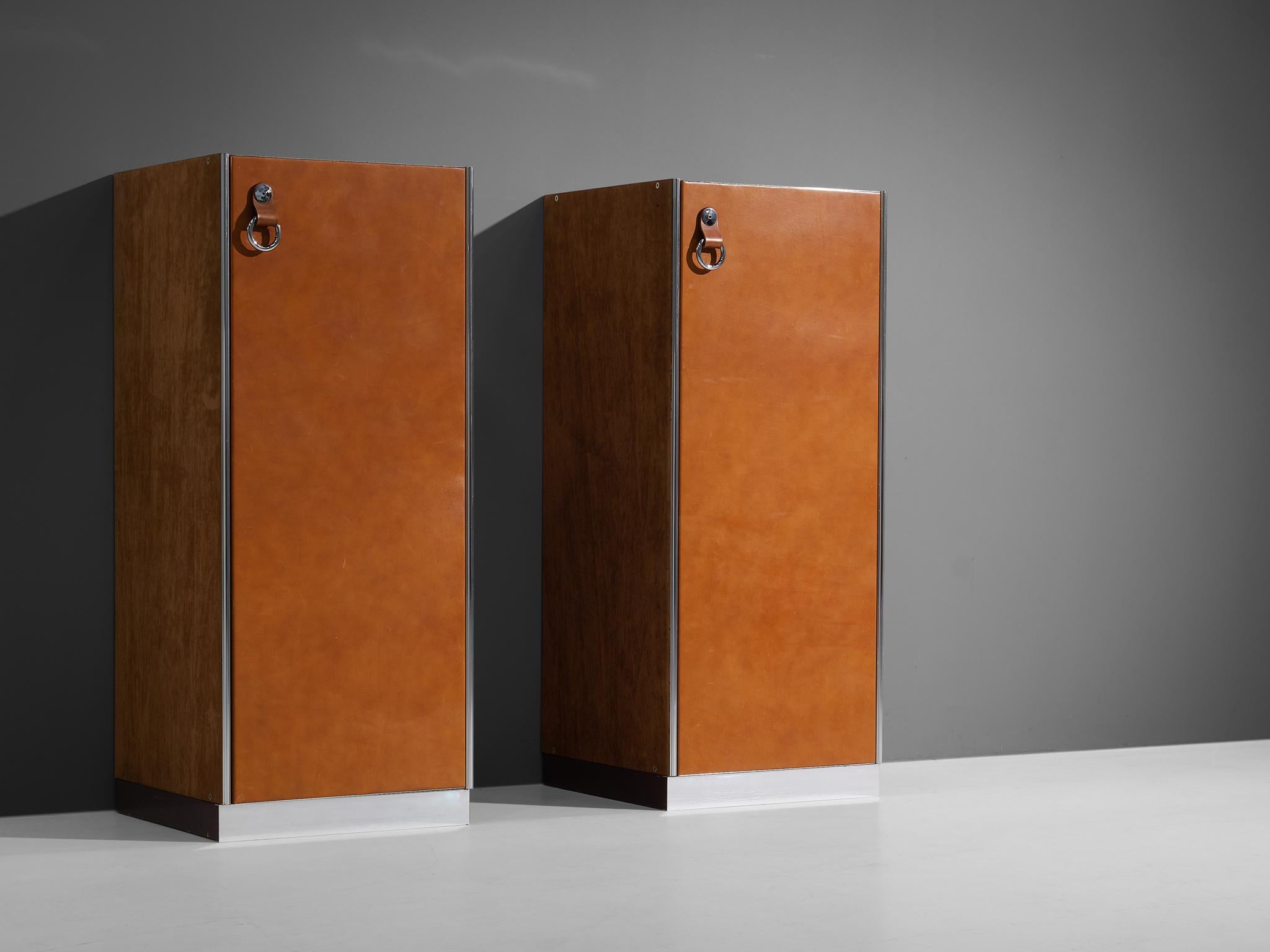 Guido Faleschini for i4 Mariani, ‘Pace Collection’ cabinets, leather, chromed steel, wood, Italy, circa 1975 

This eccentric pair of cabinets is designed by the creative Italian designer Guido Faleschini as part of the ‘Pace Collection’ for