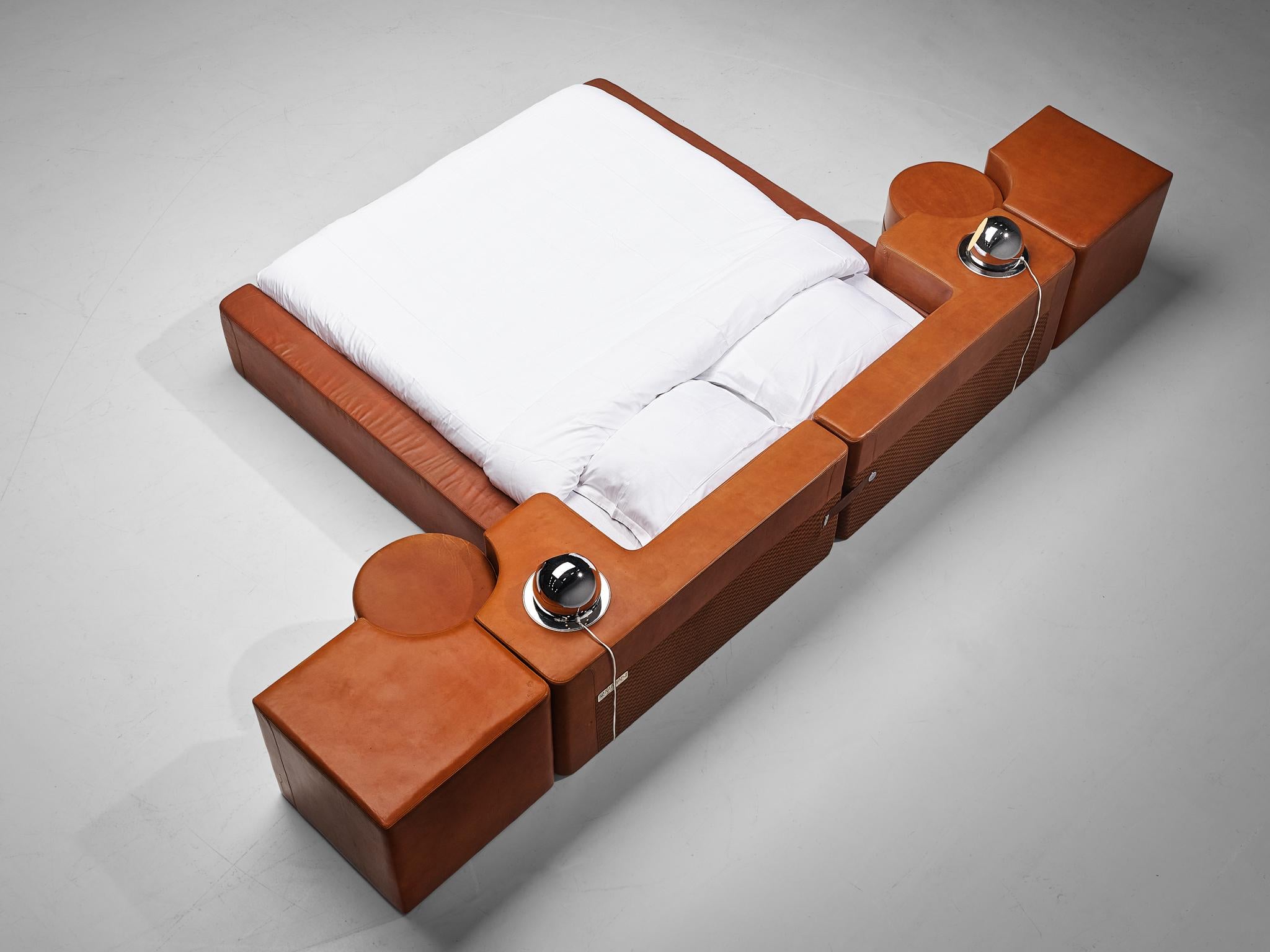 Italian Guido Faleschini for Mariani Set of Bed, Nightstands and Stools in Leather
