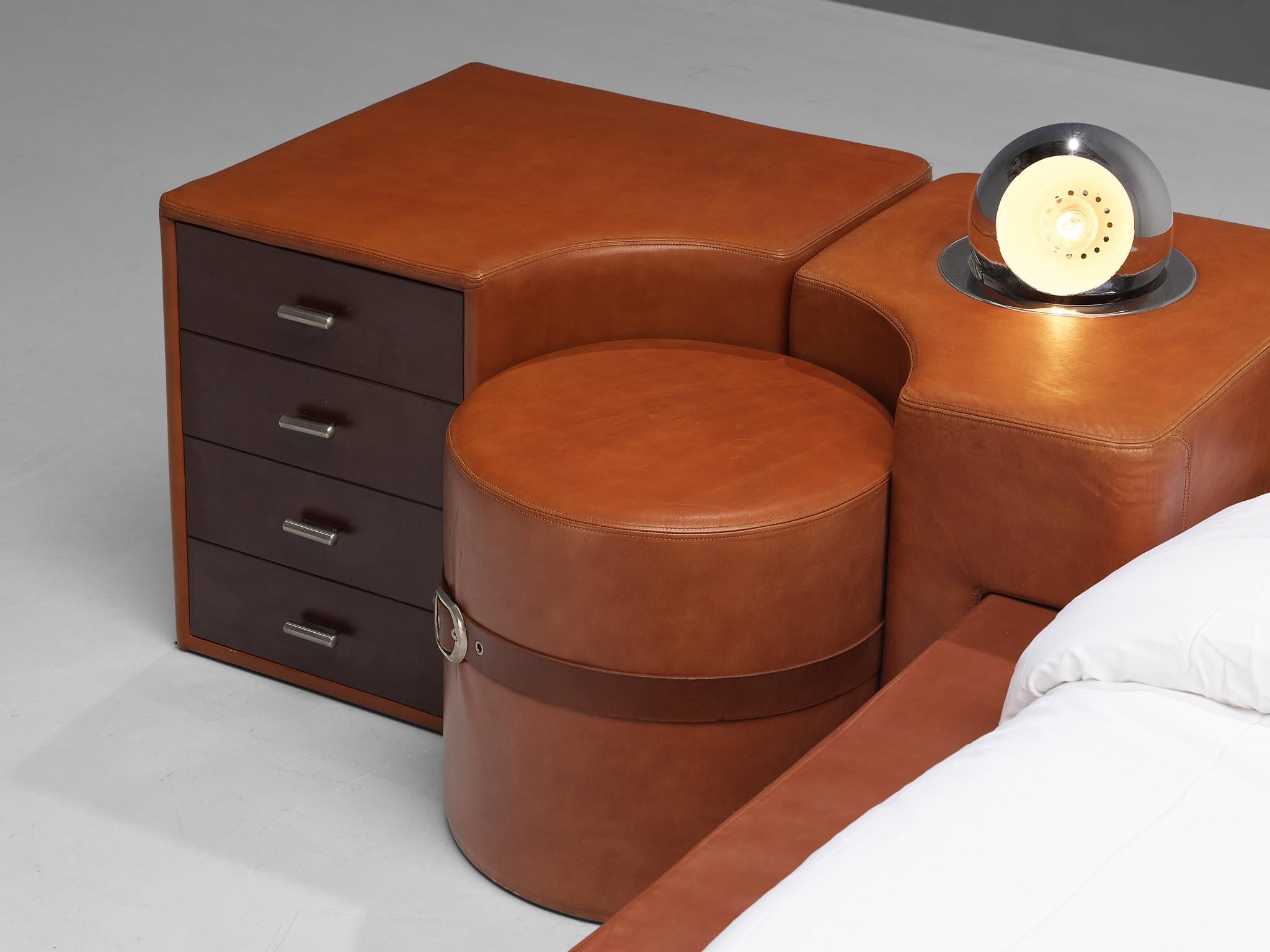 Late 20th Century Guido Faleschini for Mariani Set of Bed, Nightstands and Stools in Leather