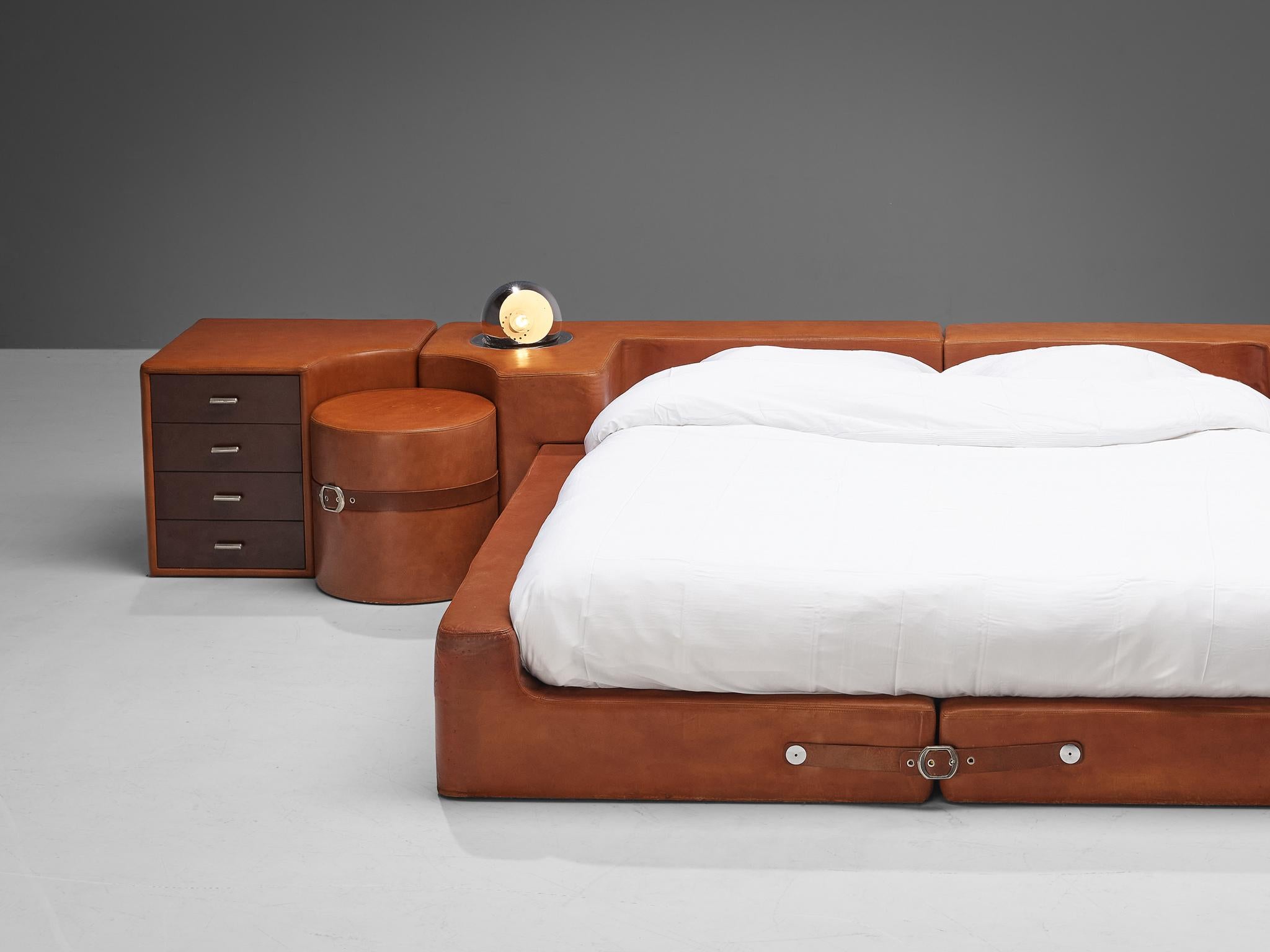 Steel Guido Faleschini for Mariani Set of Bed, Nightstands and Stools in Leather