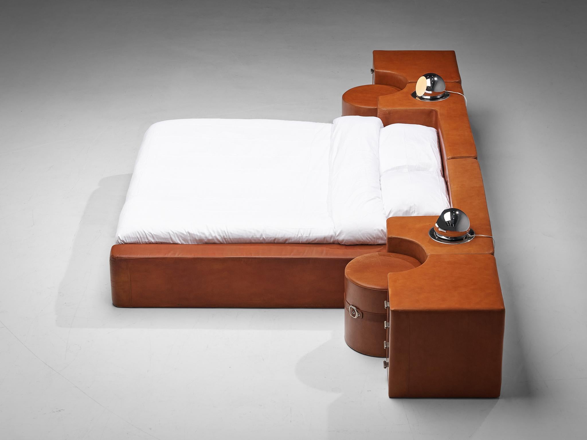 Steel Guido Faleschini for Mariani Set of Bed, Nightstands and Stools in Leather  For Sale