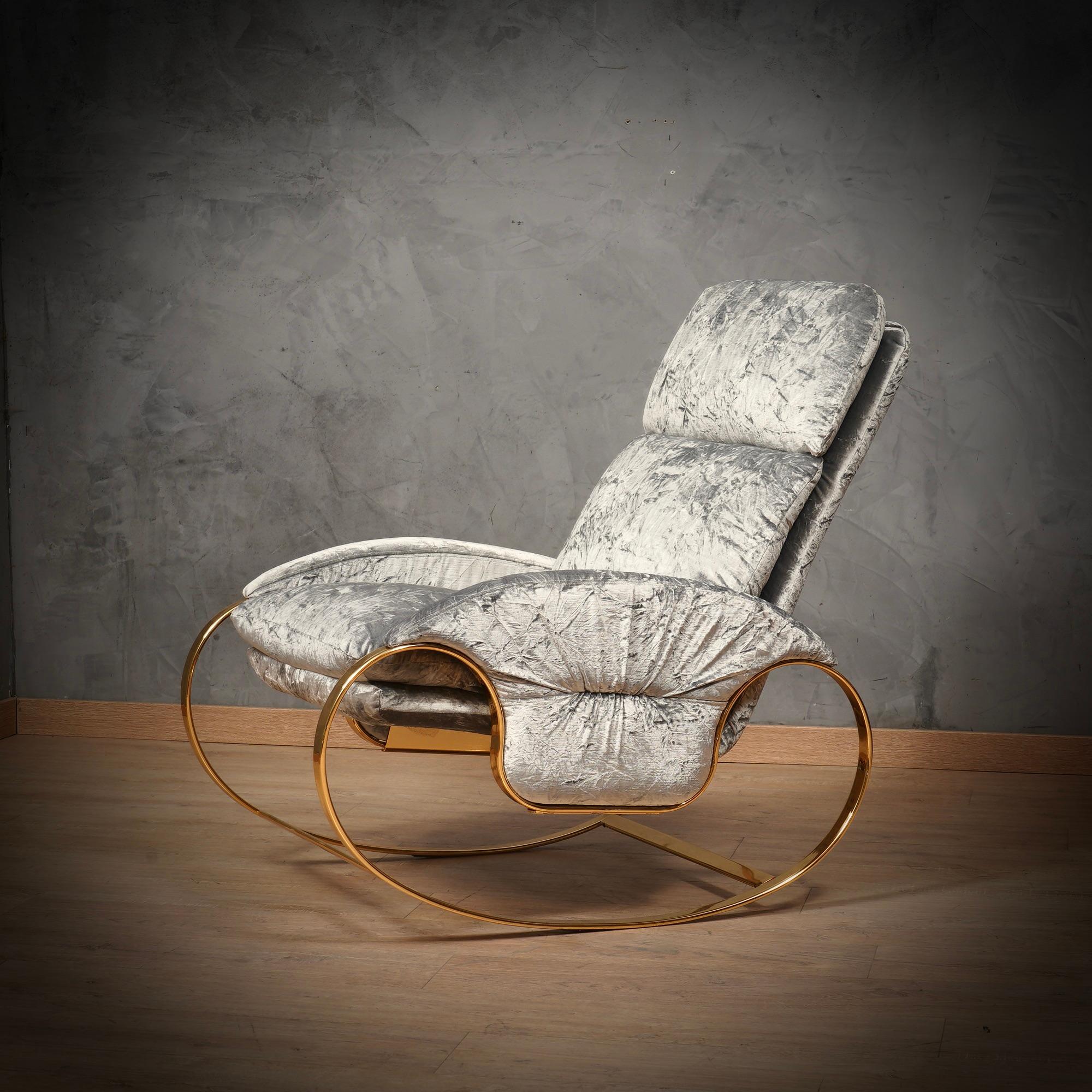 Mid-Century Modern Guido Faleschini Golden Metal and Gray Velvet Arm Chair / Rocking Chair, 1970 For Sale