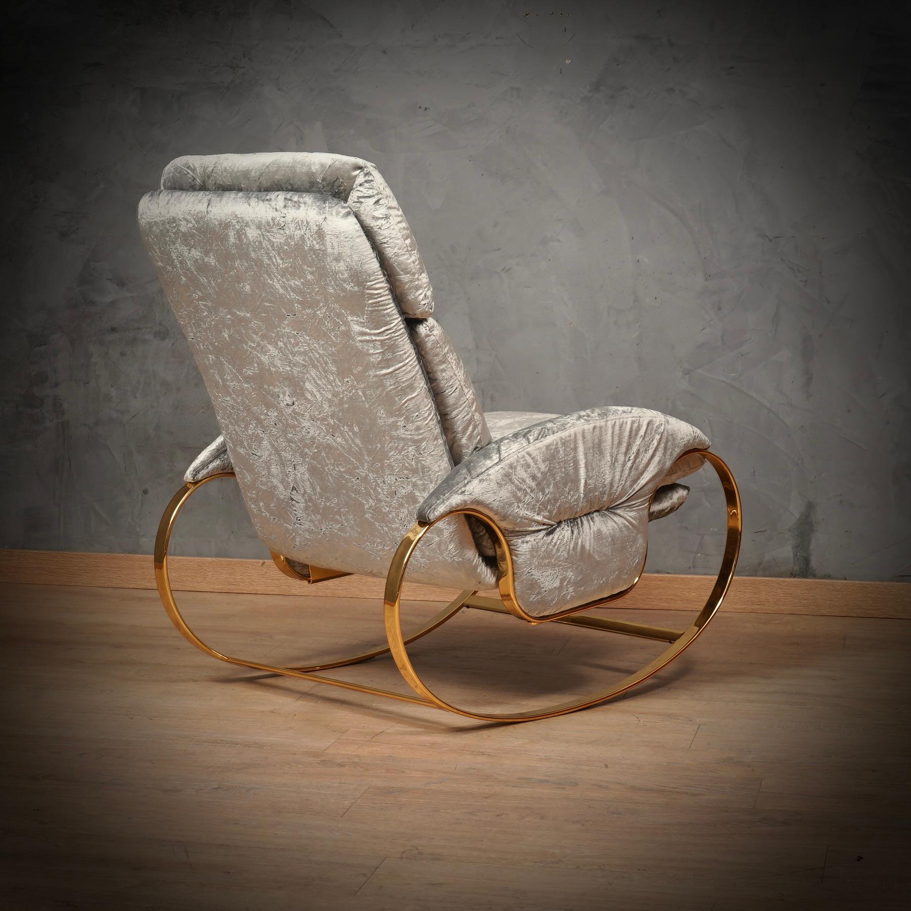 Italian Guido Faleschini Golden Metal and Gray Velvet Arm Chair / Rocking Chair, 1970 For Sale