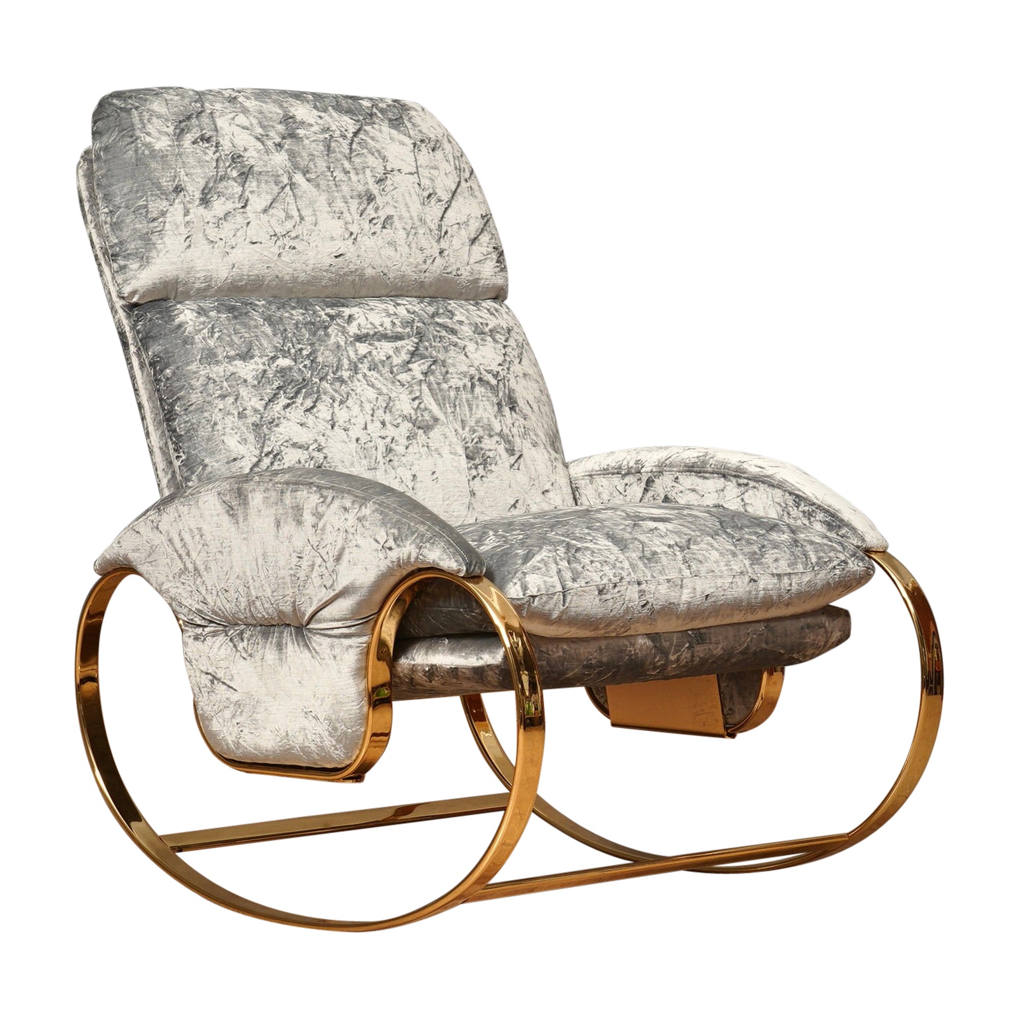 Poltrona / Sedia a dondolo Guido Faleschini in metallo dorato e velluto grigio, 1970