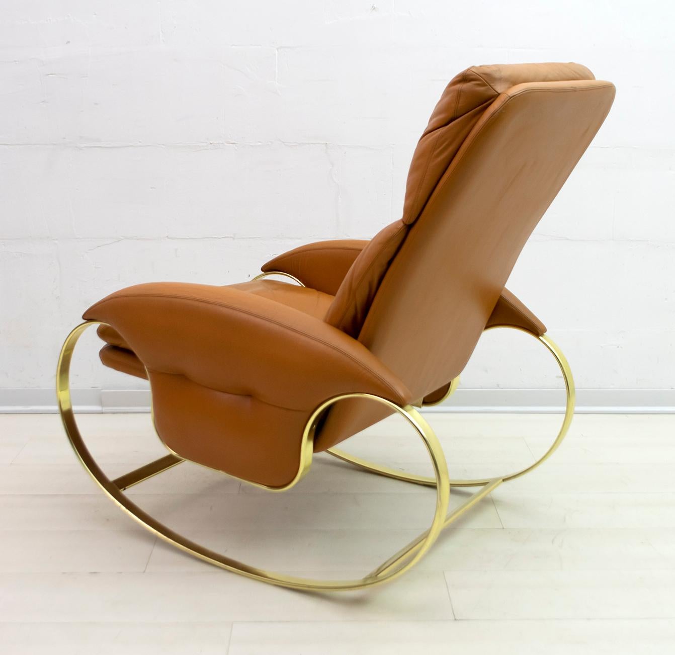 Metal Guido Faleschini Mid-Century Modern Italian Real Leather Rocking Chair, 1970s