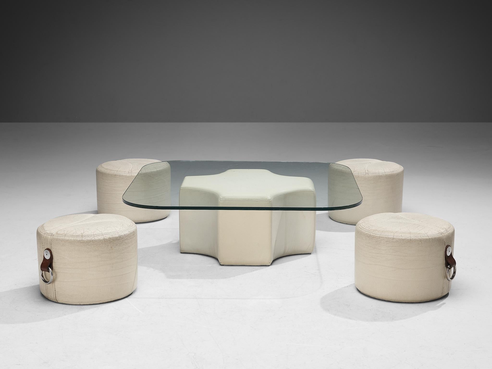 Mid-Century Modern Guido Faleschini Rare Coffee Table with Four Stools in Leather