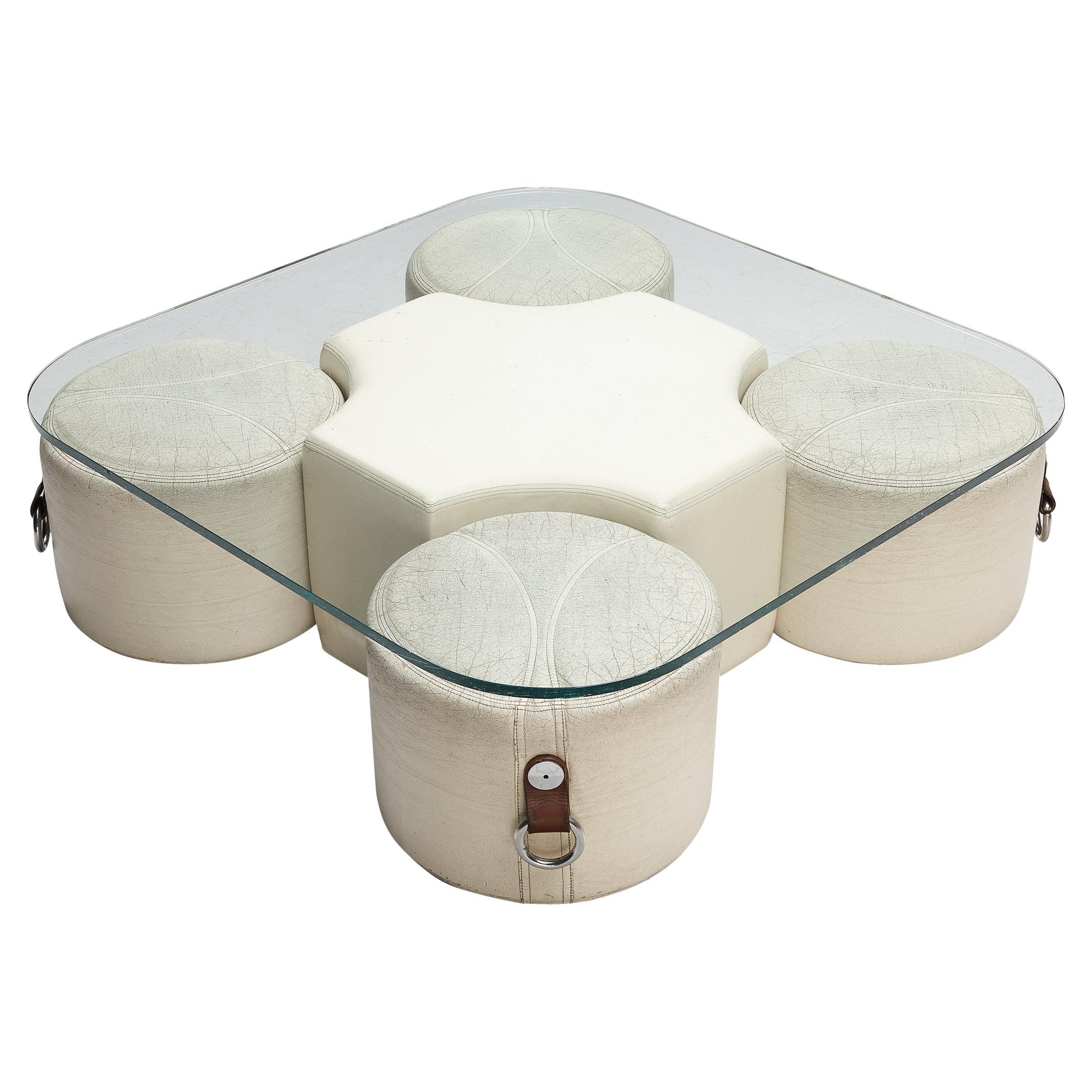 Guido Faleschini Rare Coffee Table with Four Stools in Leather  For Sale