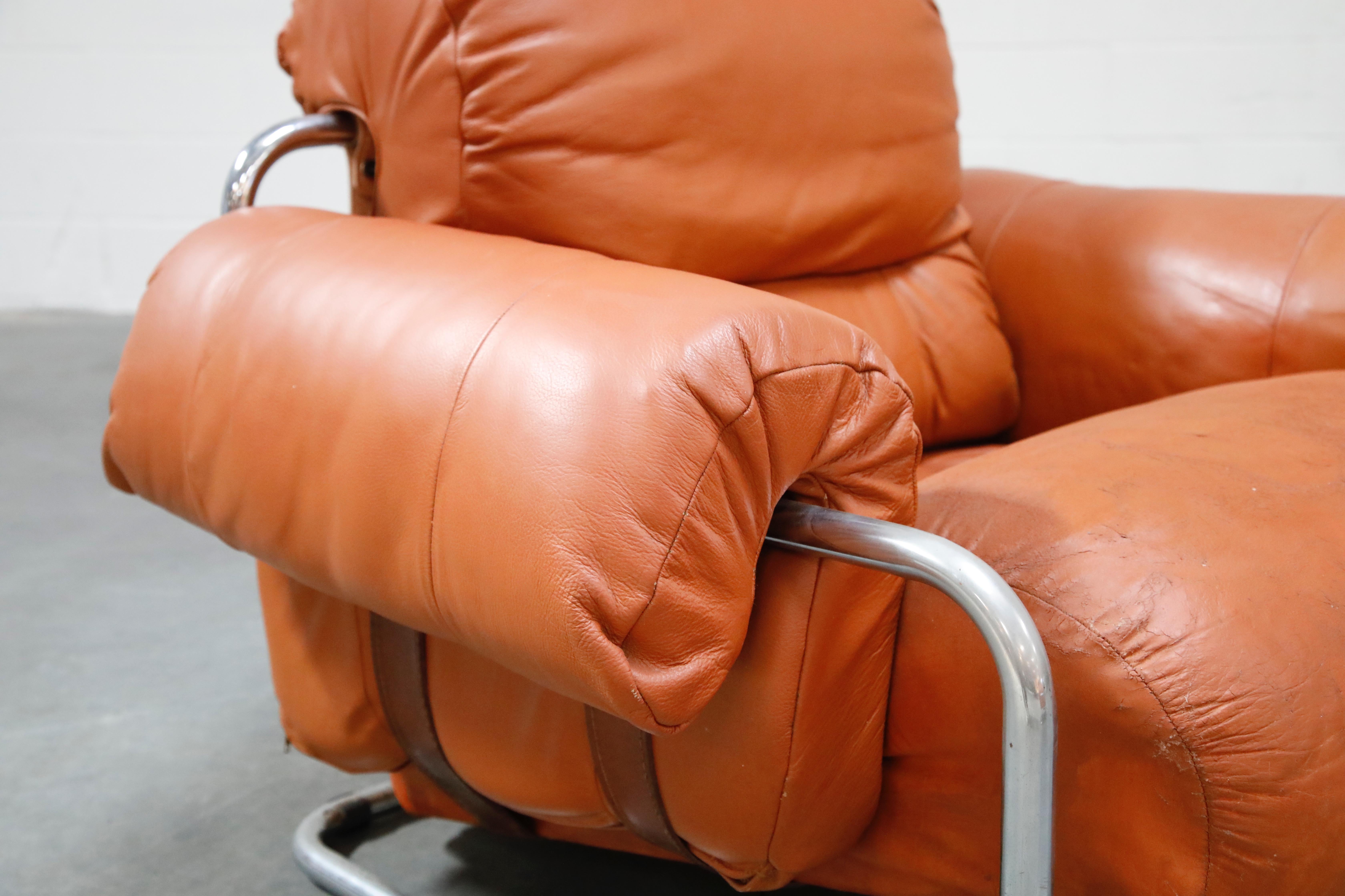 Late 20th Century Guido Faleschini 'Tucroma' Lounge Chair and Ottoman in Distressed Cognac Leather