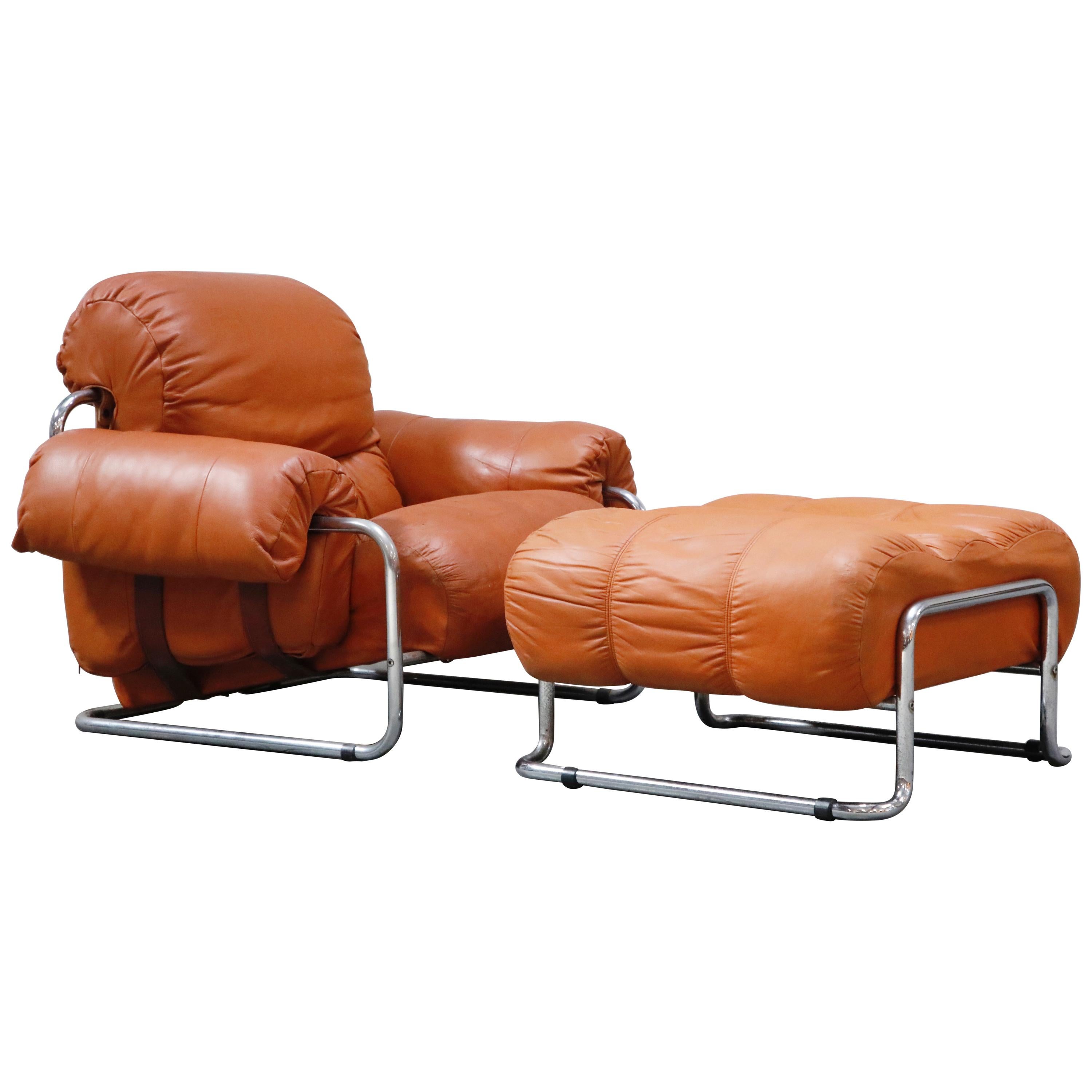 Guido Faleschini 'Tucroma' Lounge Chair and Ottoman in Distressed Cognac Leather