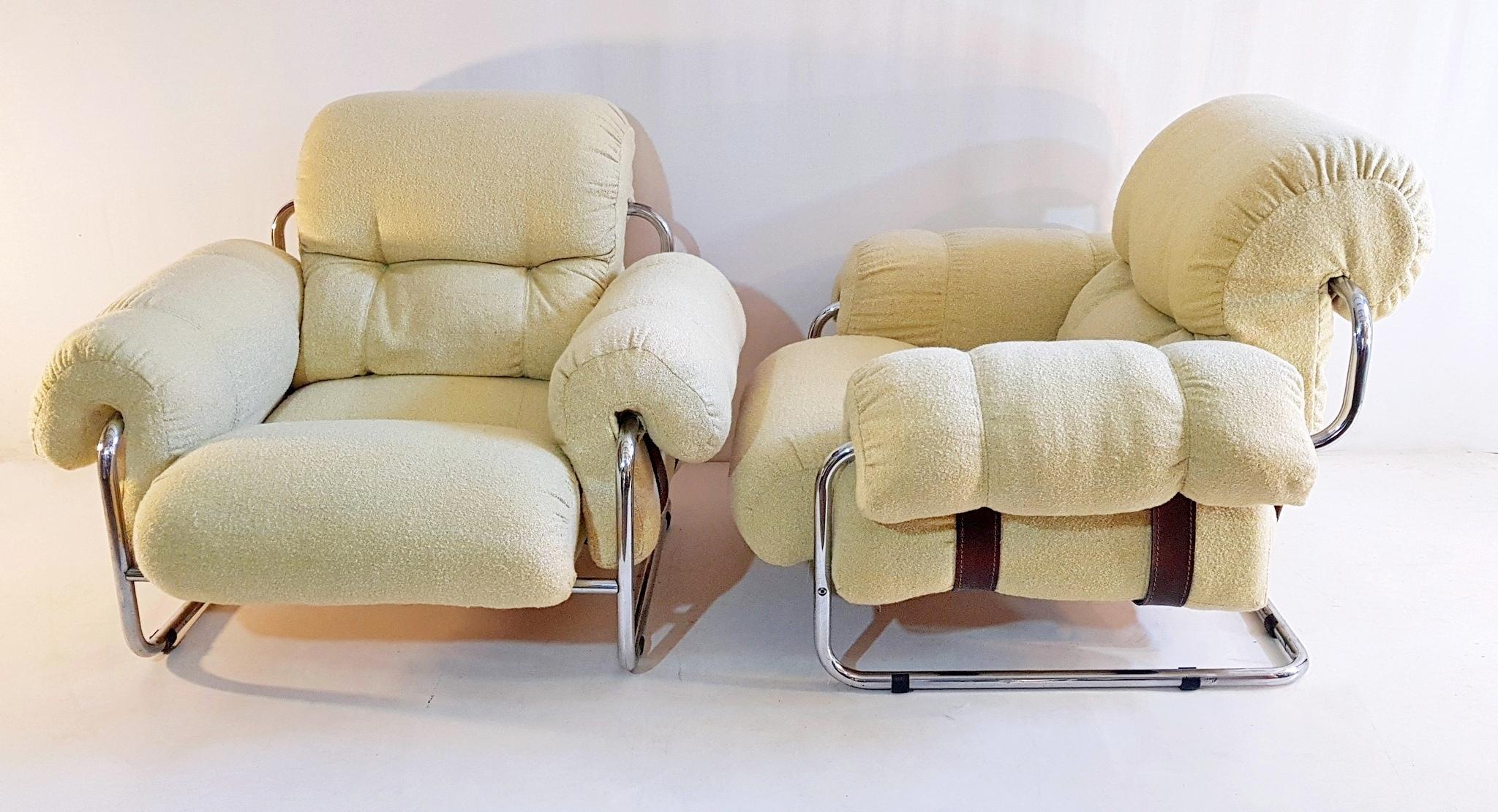 A pair of lounge chairs by Italian designer Guido Faleschini for Mariani, circa 1975. Reupholstered in a soft pale yellow salt and pepper fabric. Some wear to the chrome.
The chrome can be re-finished upon request please ask for quote.
