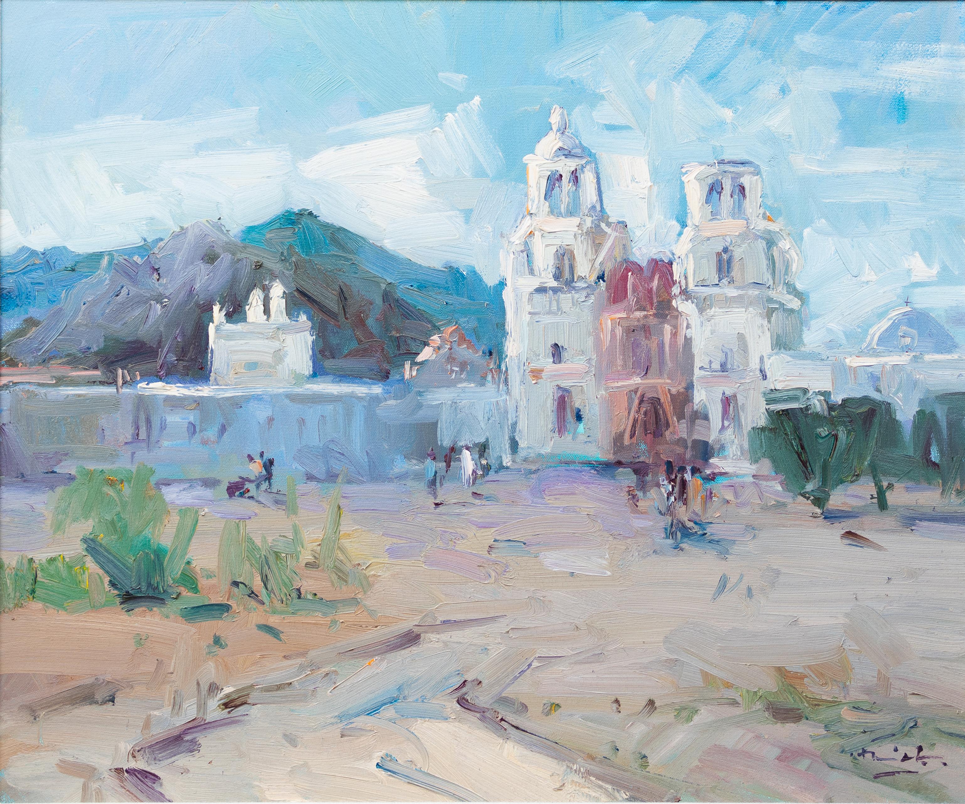 Guido Frick Landscape Painting - "The White Dove" Daytime Church Scene
