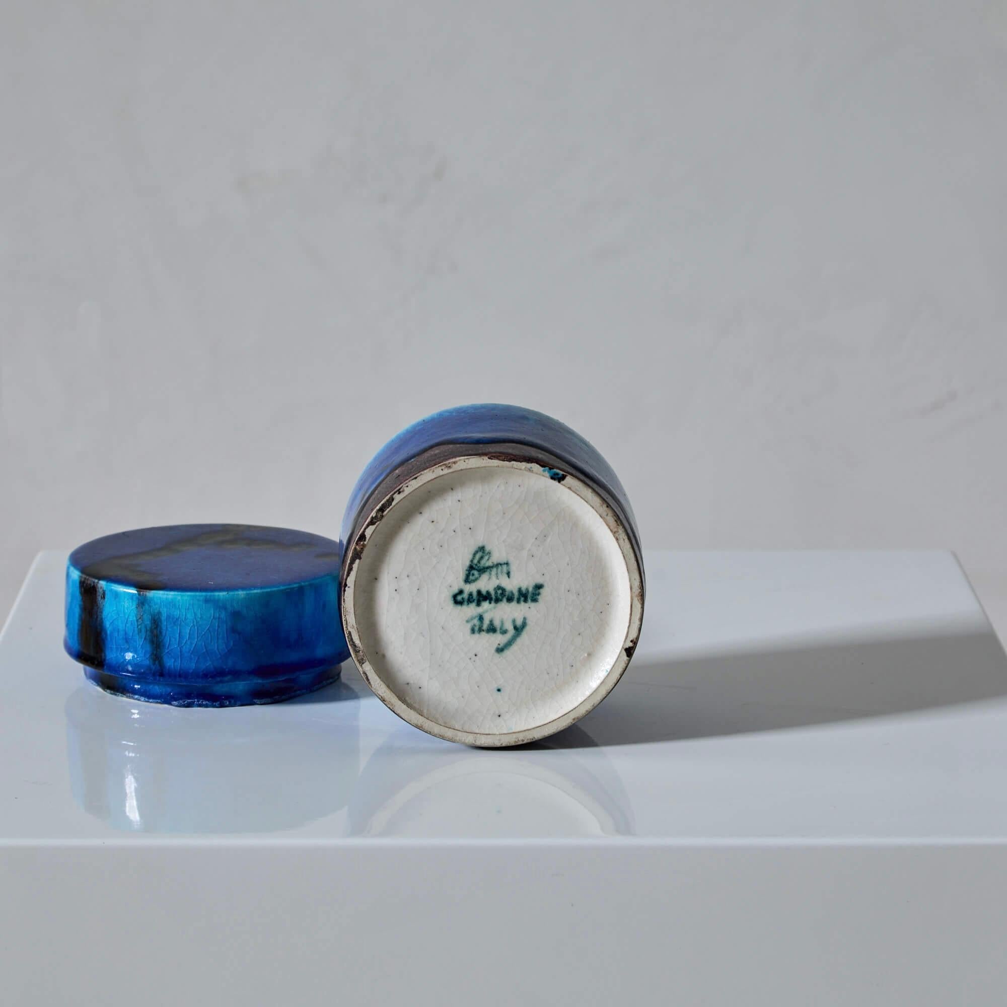Smaltato Guido Gambone Vaso con coperchio in ceramica blu in vendita