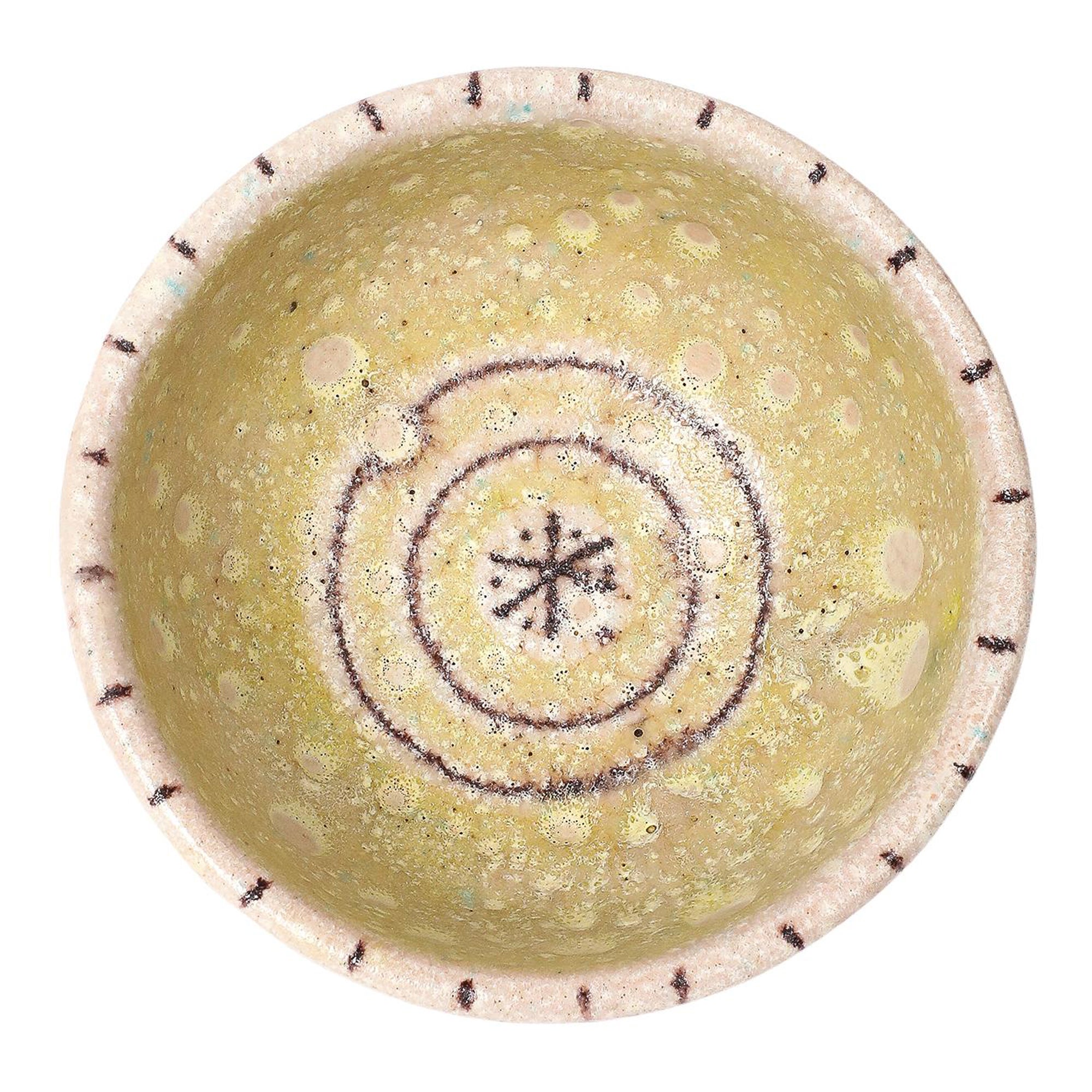 Guido Gambone Bol, céramique, jaune, rayures violettes, abstrait, signé en vente