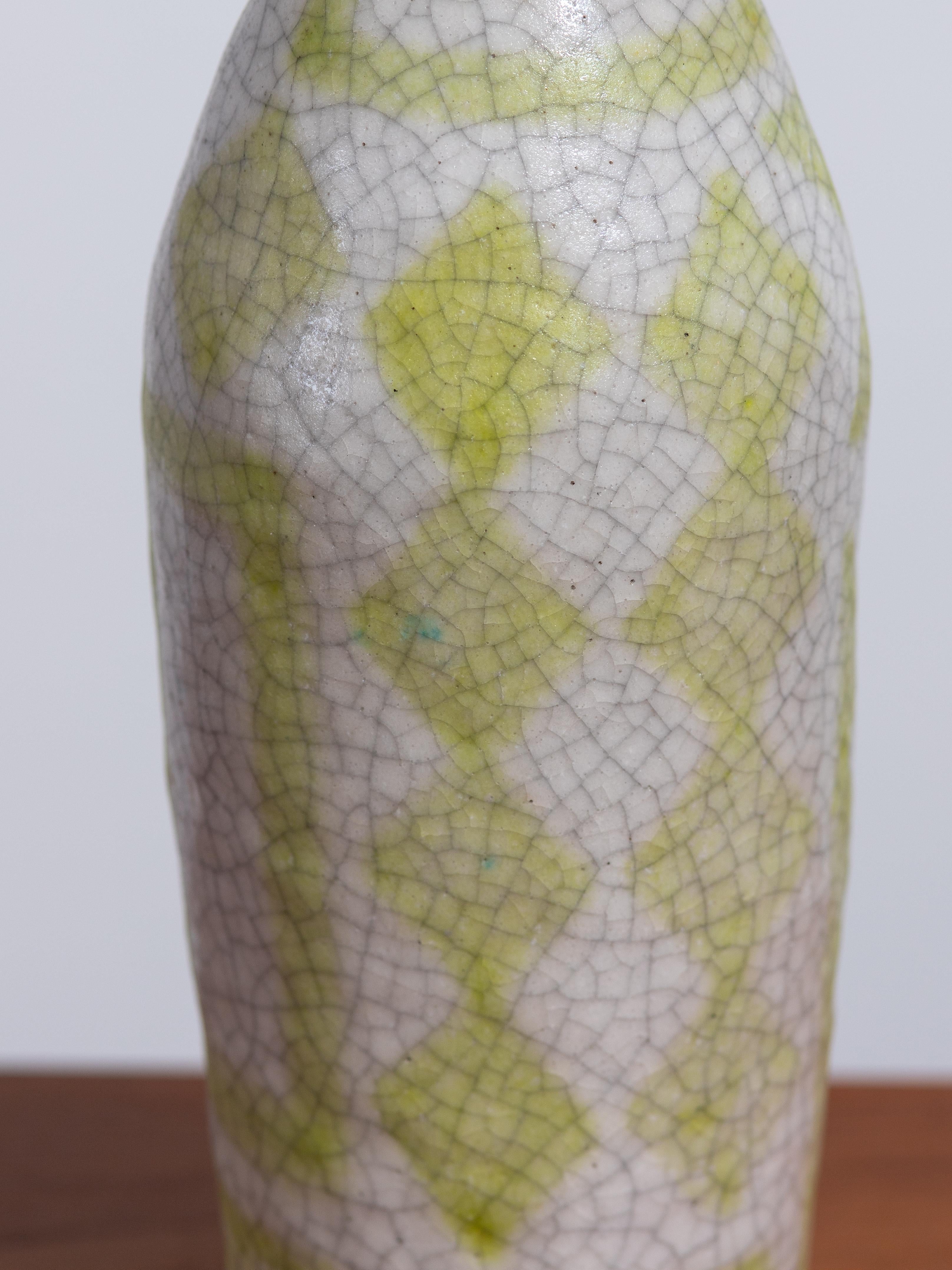 Guido Gambone Ceramic Bottle Vase in Chartreuse Geometric Decor  For Sale 2