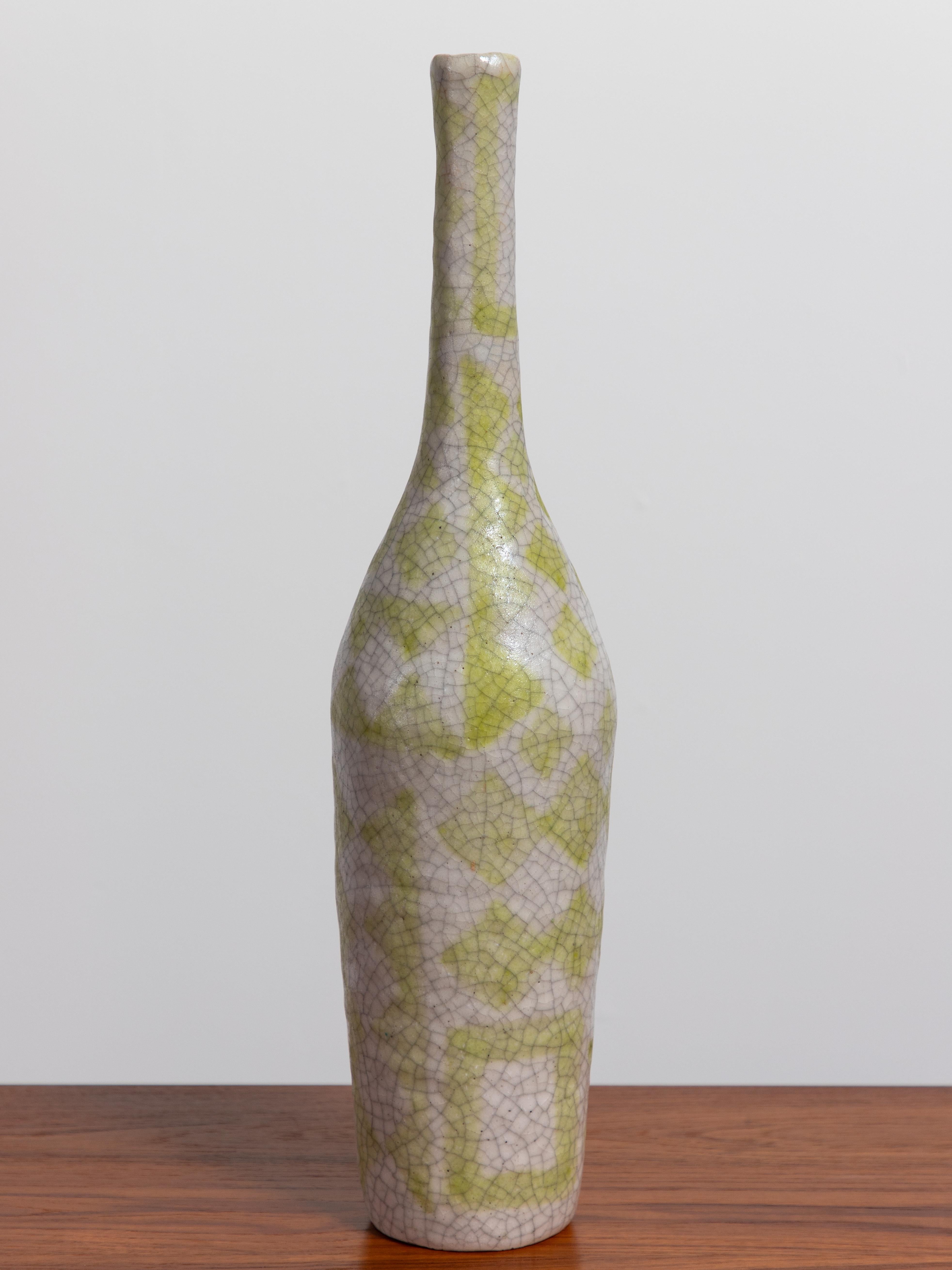 Guido Gambone Ceramic Bottle Vase in Chartreuse Geometric Decor  For Sale 3