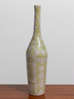 Guido Gambone Ceramic Bottle Vase in Chartreuse Geometric Decor