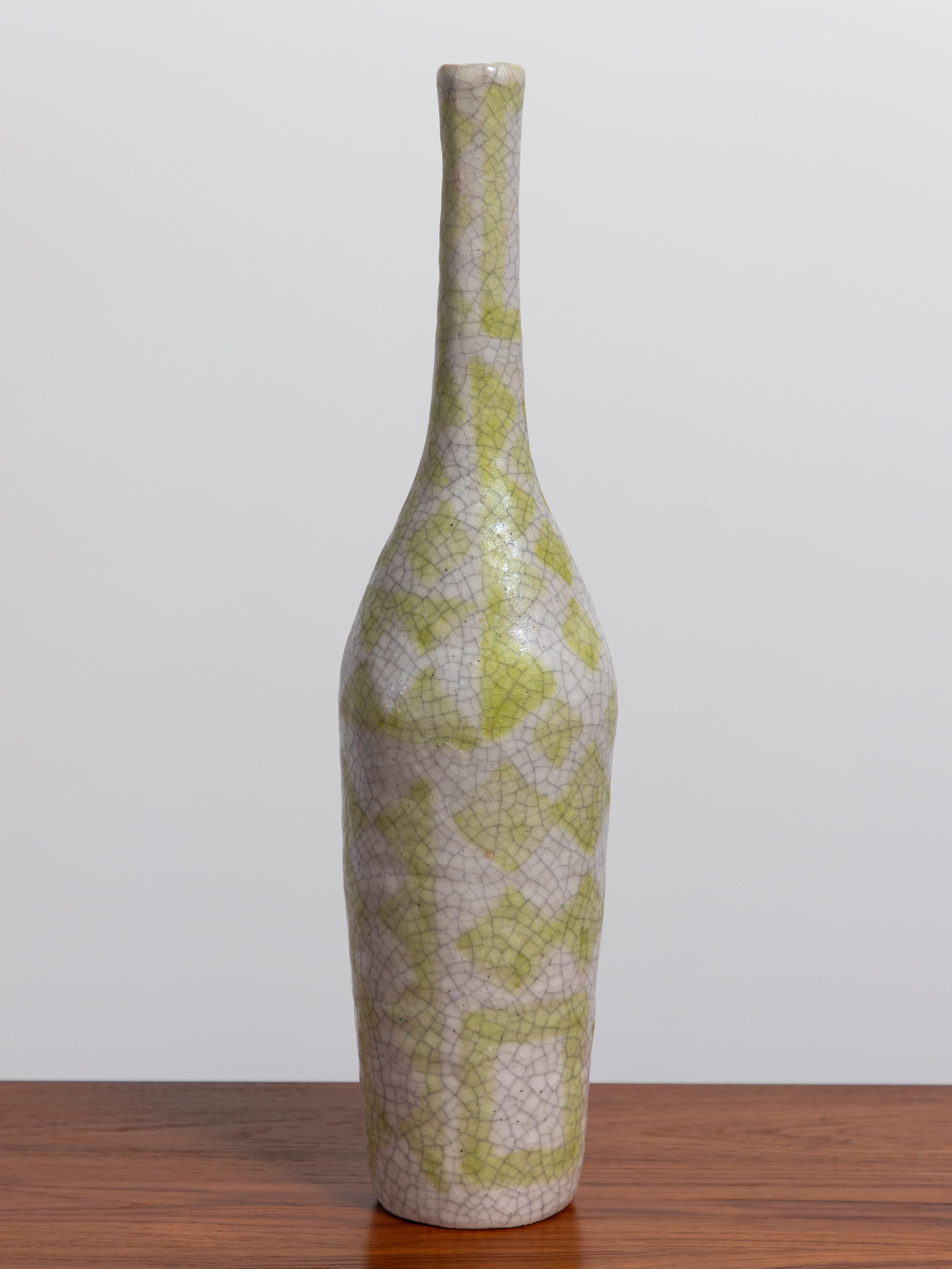 Mid-Century Modern Guido Gambone Ceramic Bottle Vase in Chartreuse Geometric Decor  For Sale