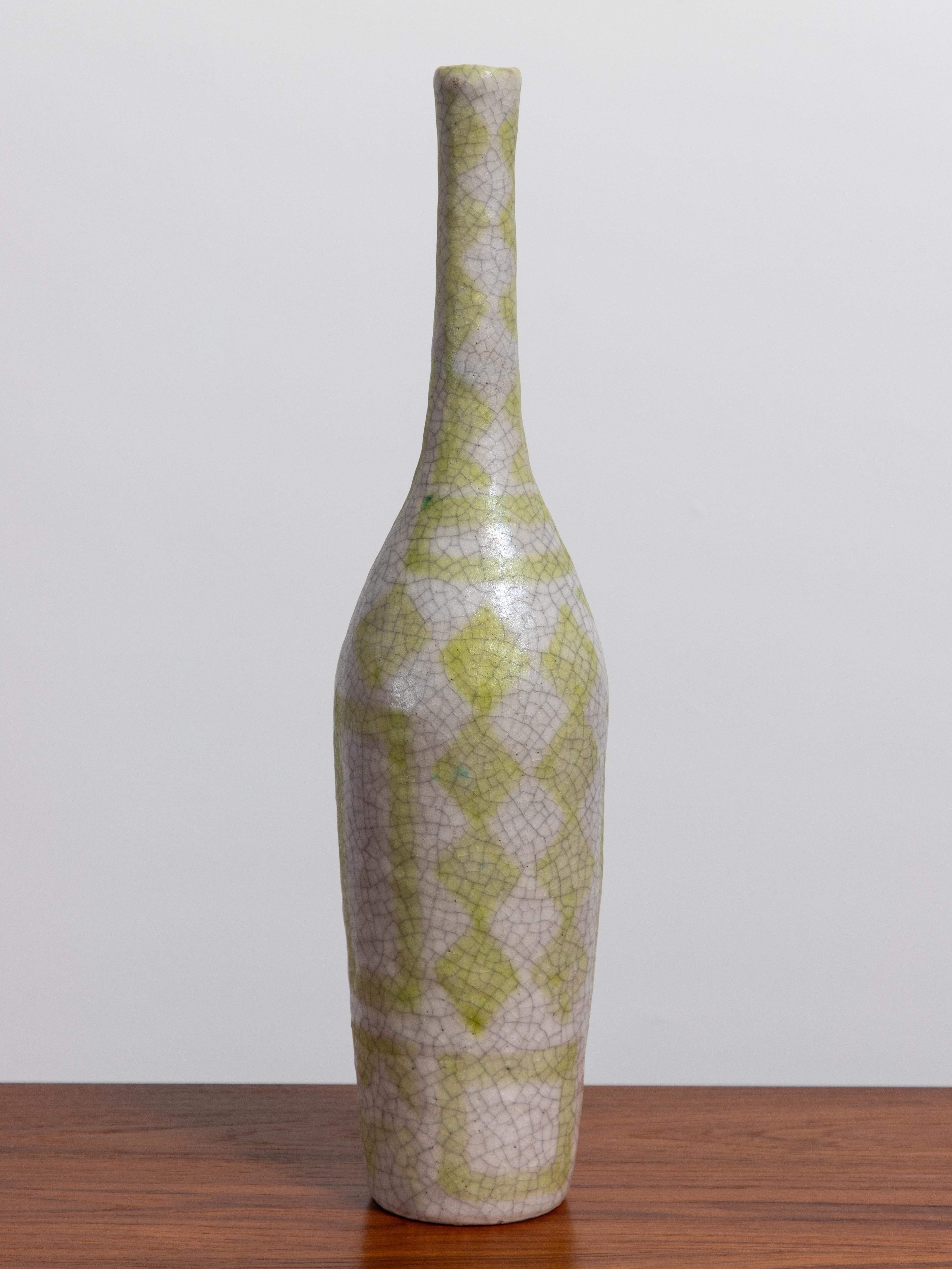 Italian Guido Gambone Ceramic Bottle Vase in Chartreuse Geometric Decor  For Sale