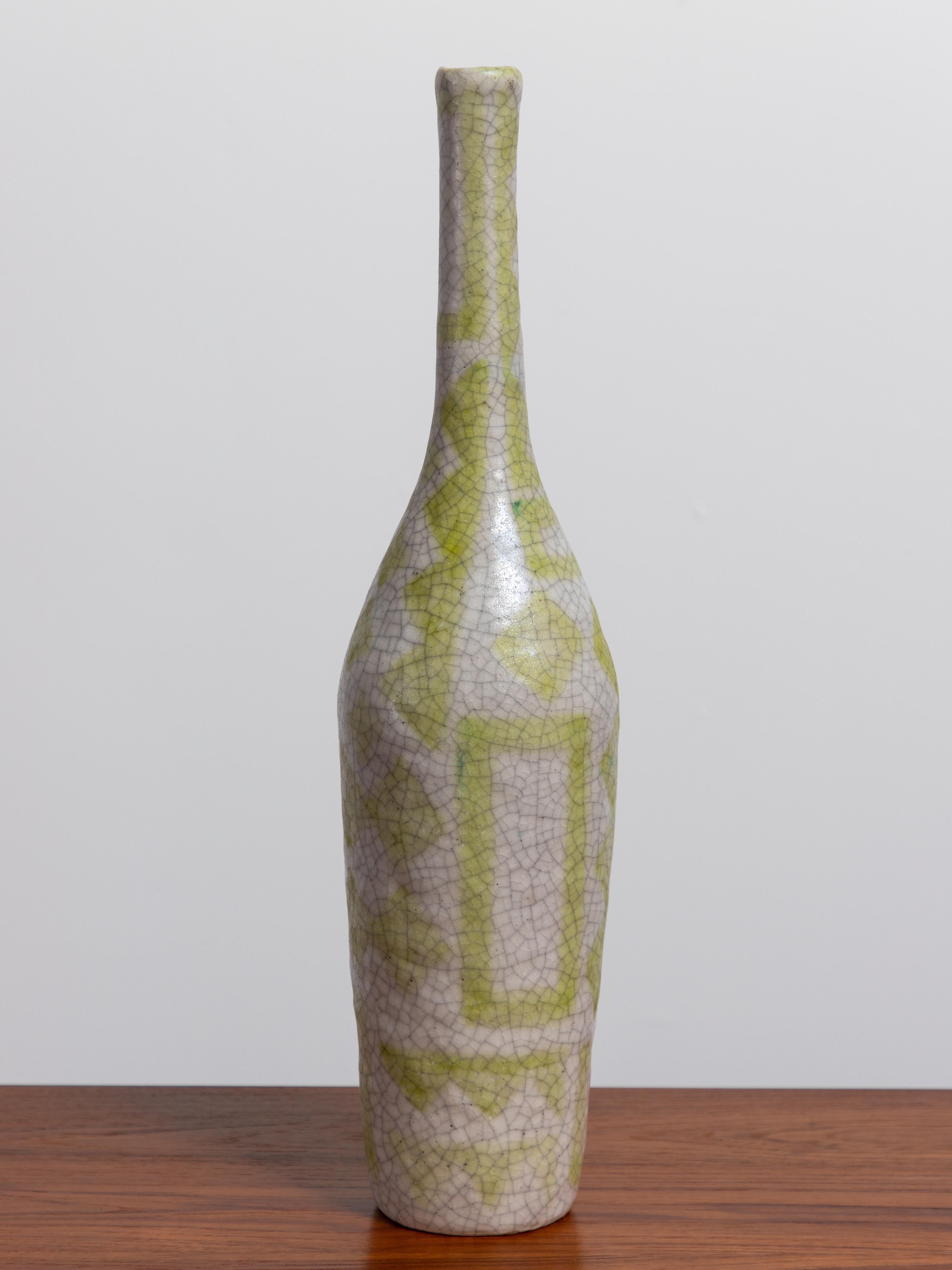Glazed Guido Gambone Ceramic Bottle Vase in Chartreuse Geometric Decor  For Sale