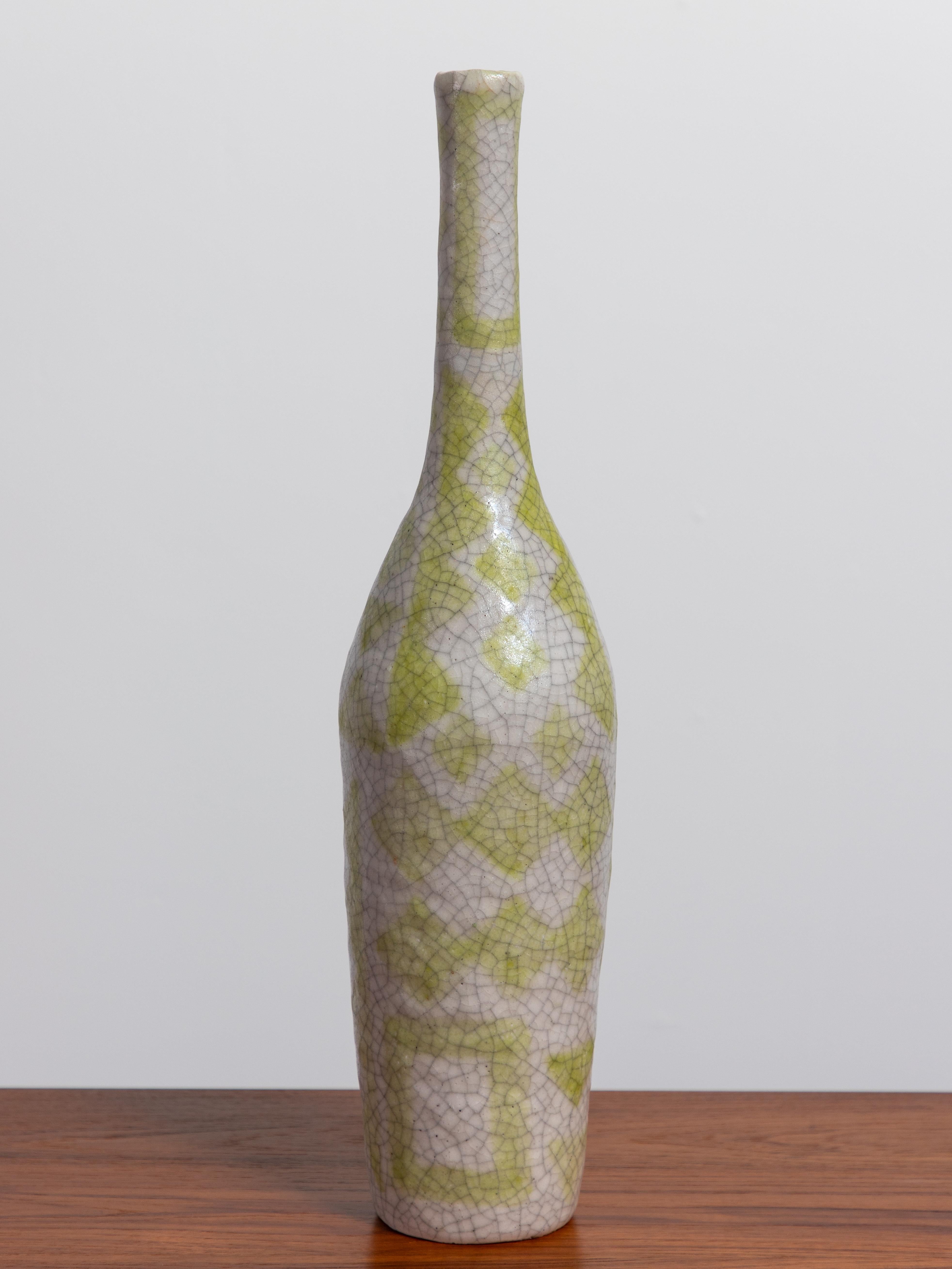 Guido Gambone Ceramic Bottle Vase in Chartreuse Geometric Decor  In Excellent Condition For Sale In Brooklyn, NY